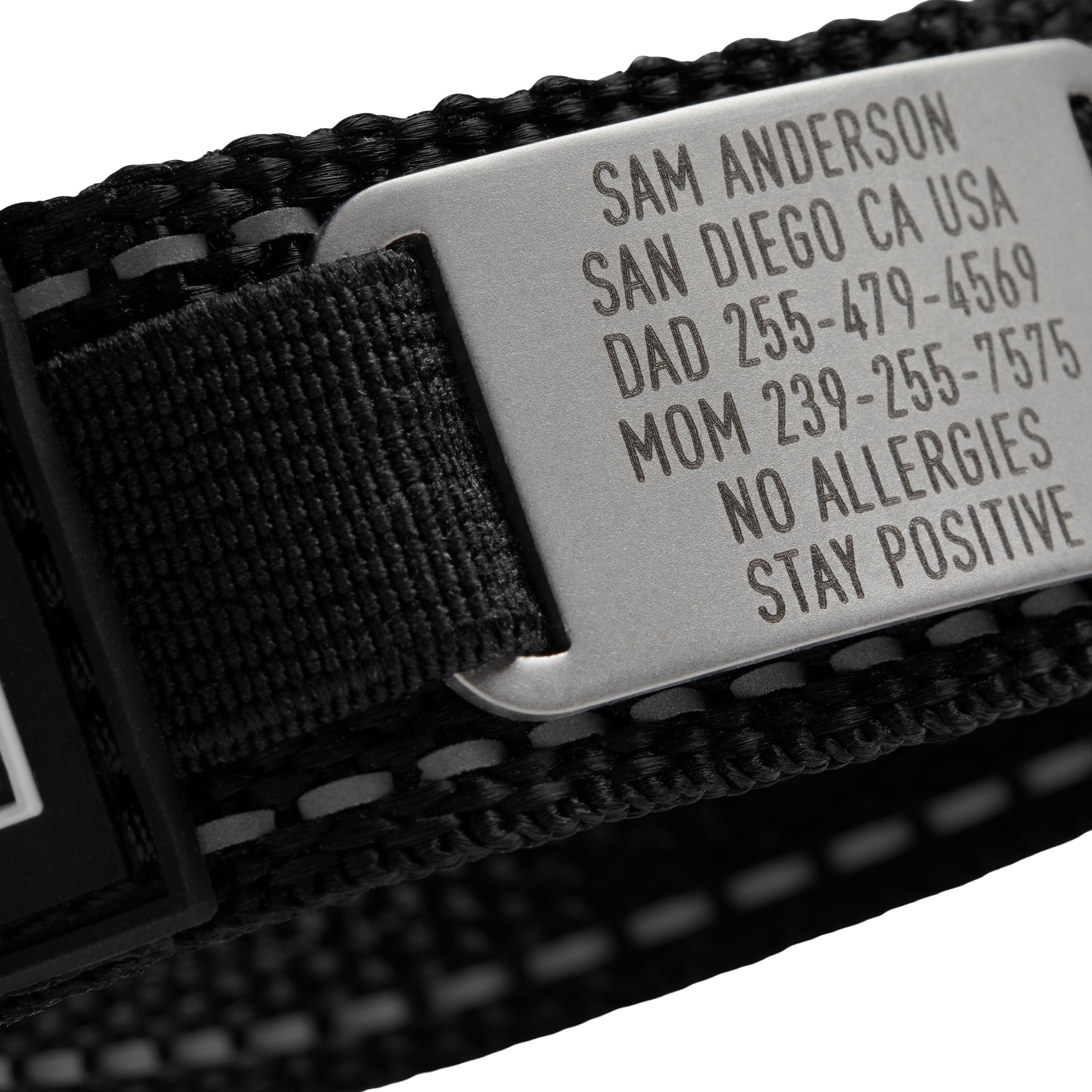 Black Endurance medical ID wristband showing engraved emergency information