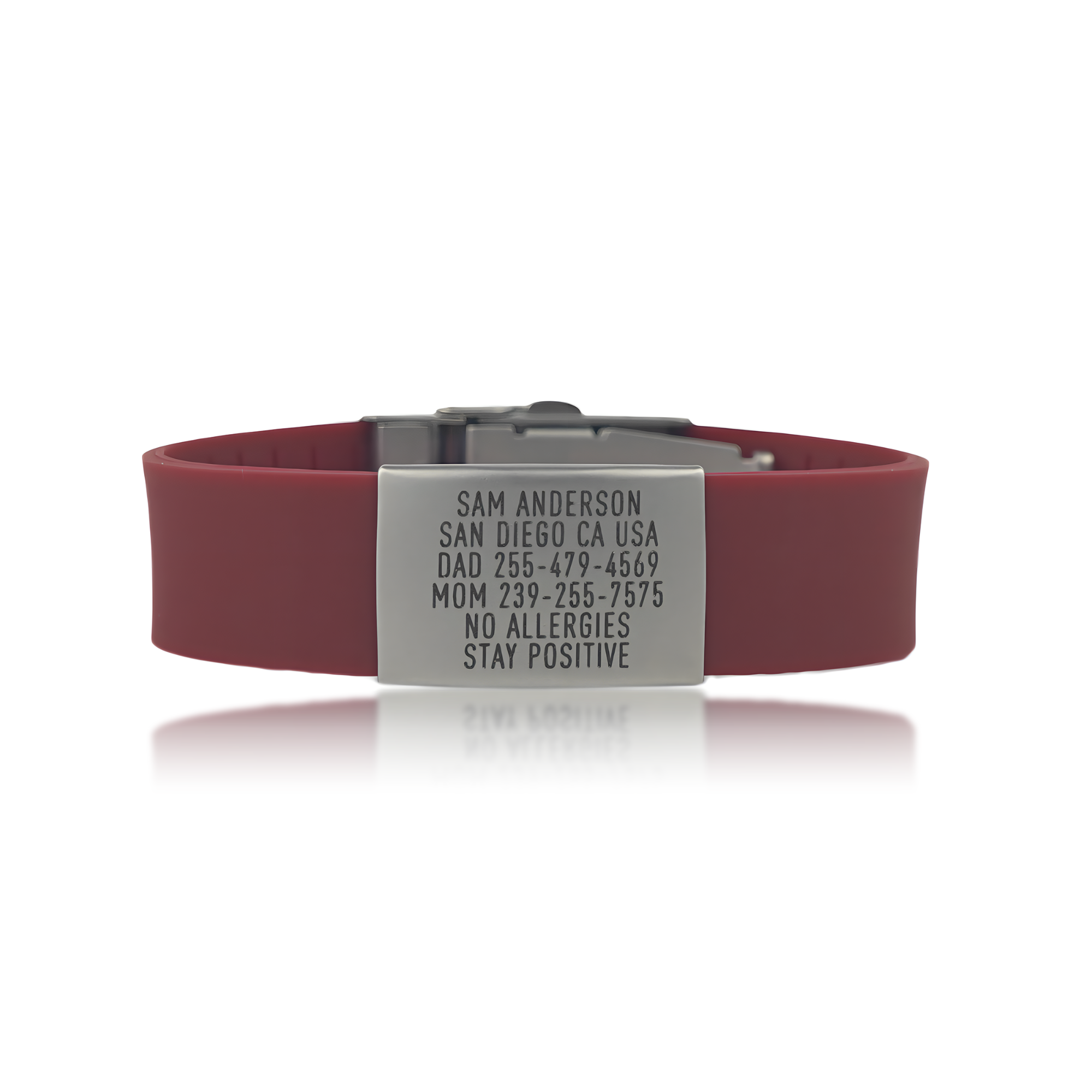 Pro silver medical ID wristband with silicone band, maroon colour