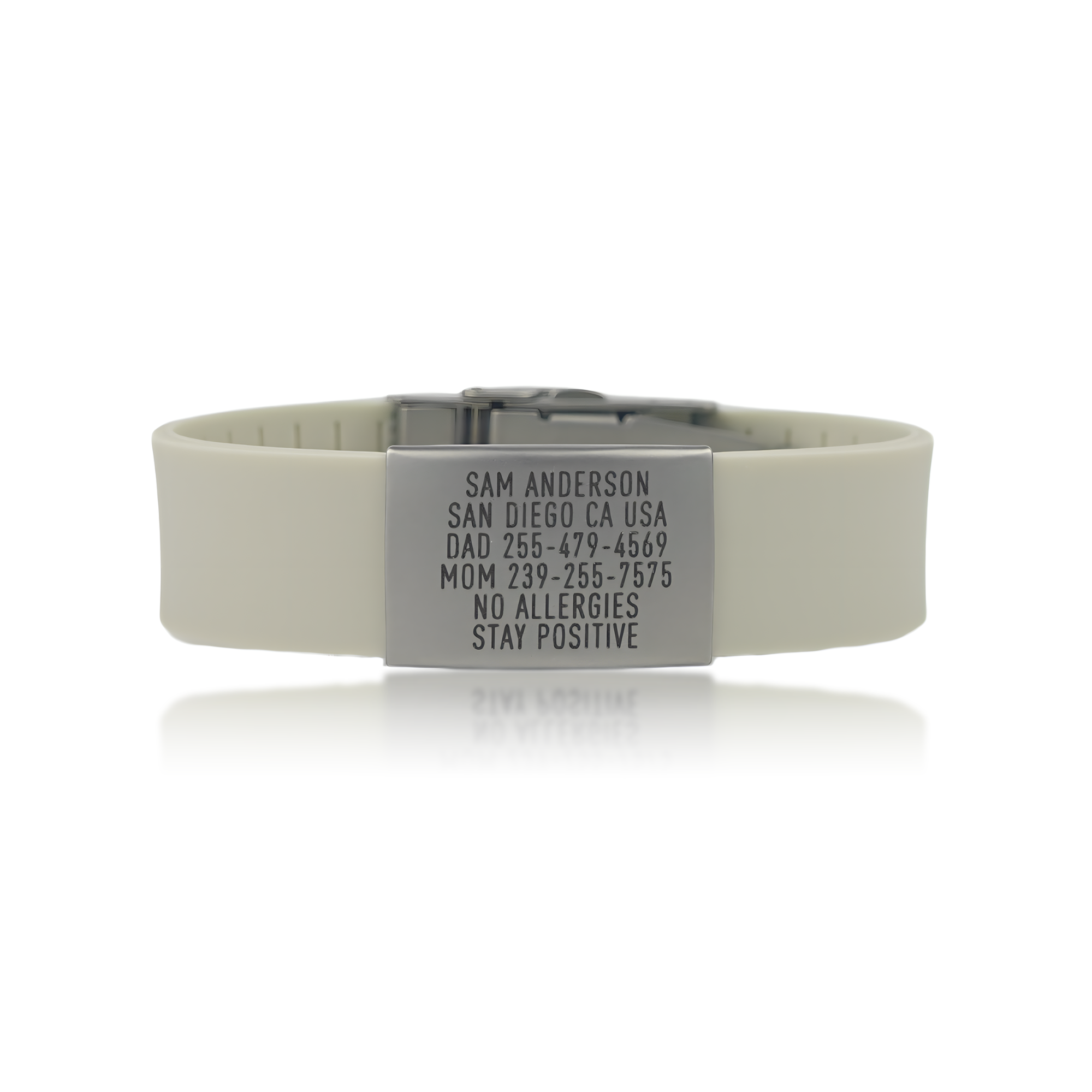 Pro silver medical ID wristband with silicone band, pearl white colour