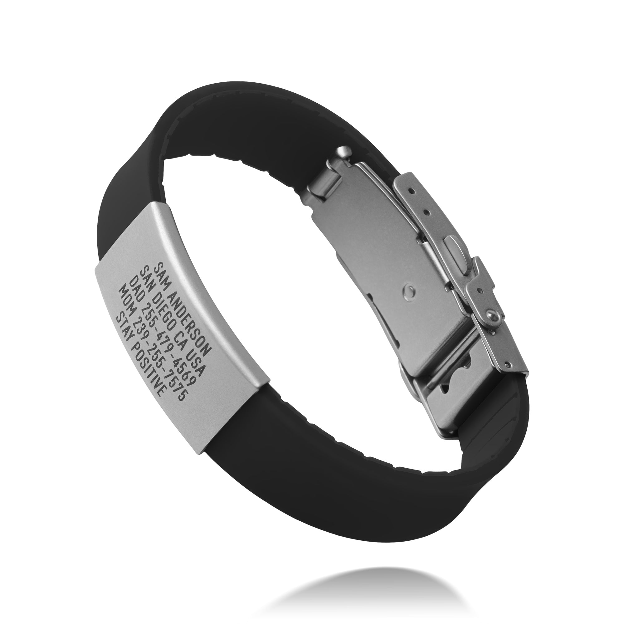 Black Pro Thin medical ID wristband showing QR code and emergency text