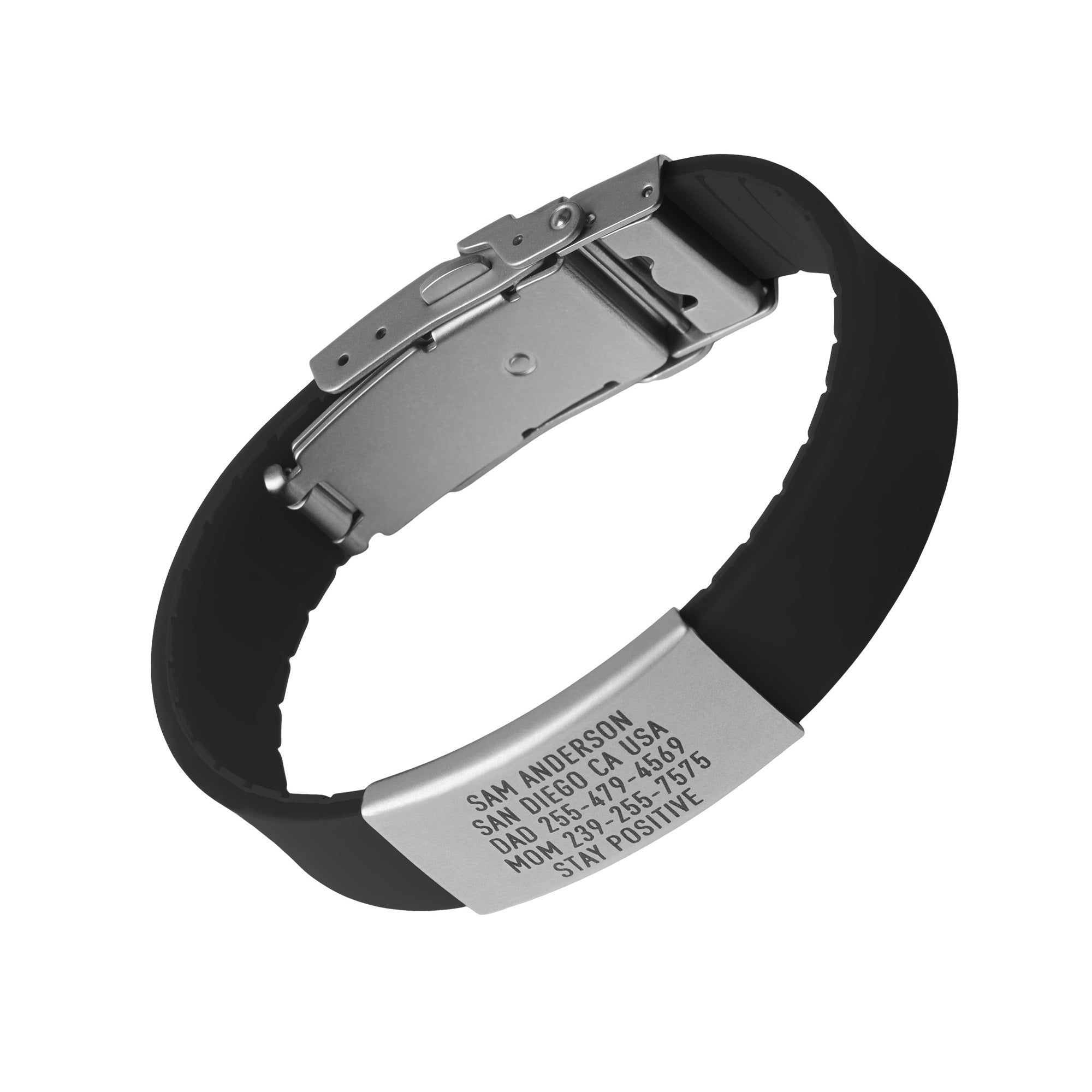 Black silicone with silver ID tag and silver matching double locking clasp wristband Pro Thin