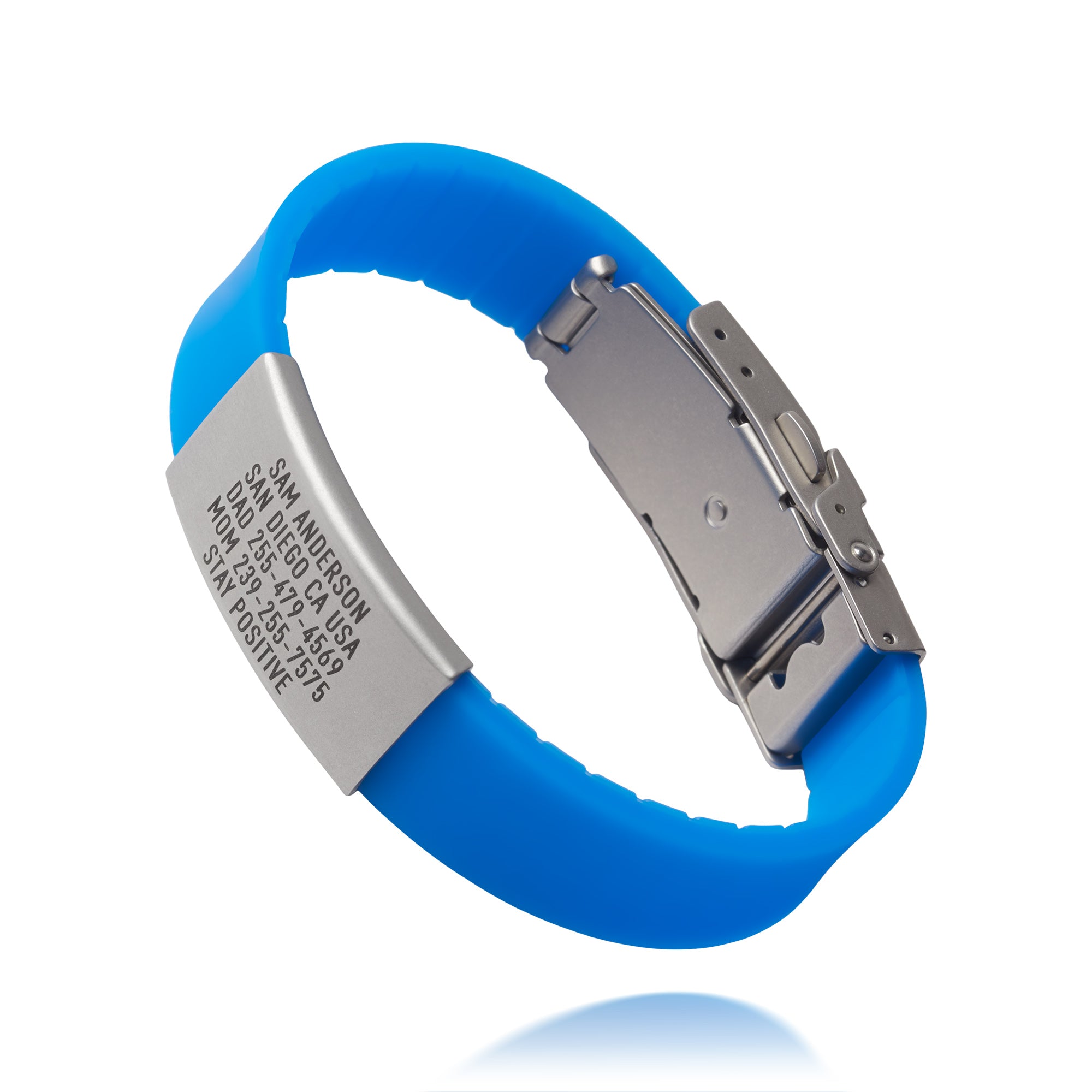 Blue Pro Thin medical ID wristband showing QR code and emergency text