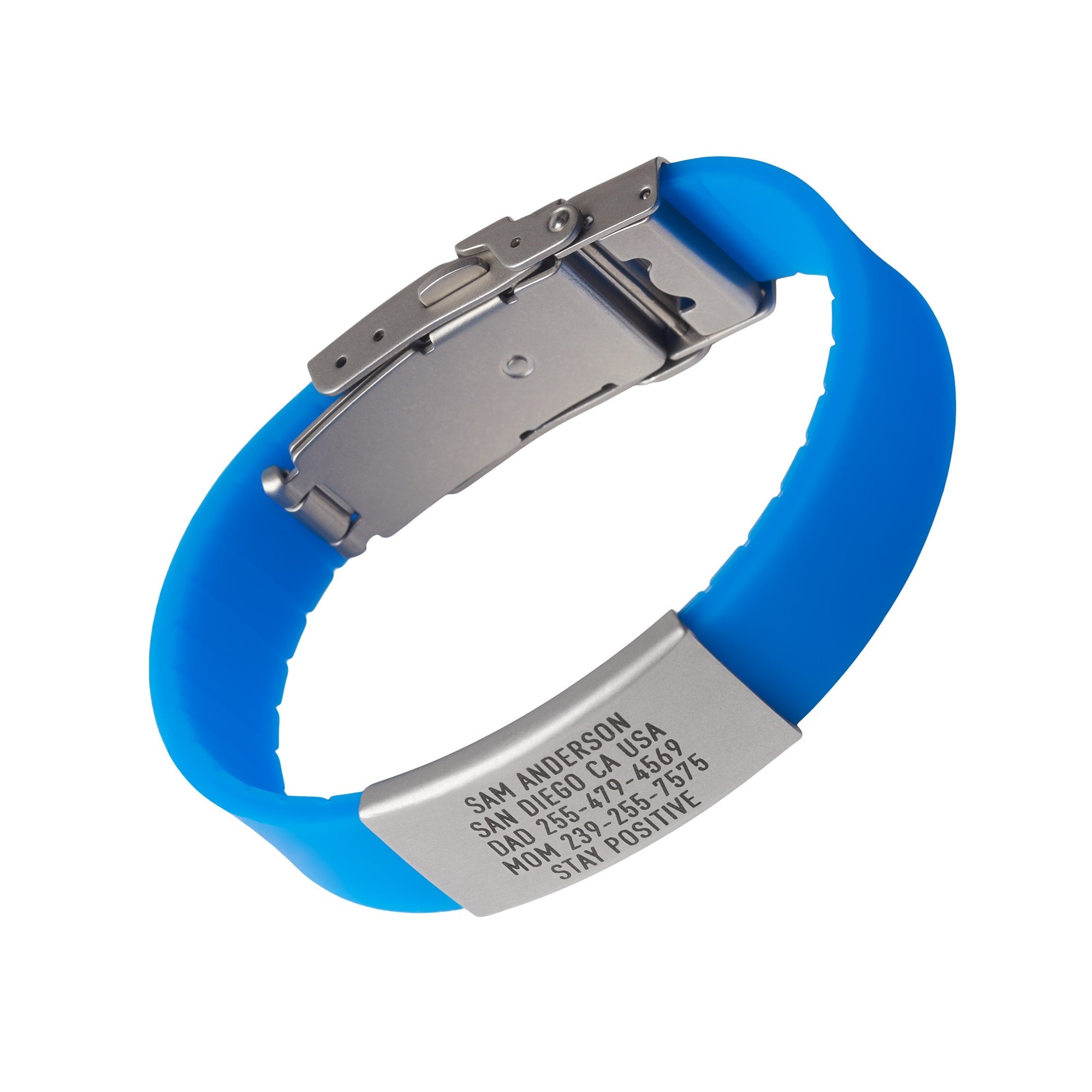 Blue silicone with silver ID tag and silver matching double locking clasp wristband Pro Thin