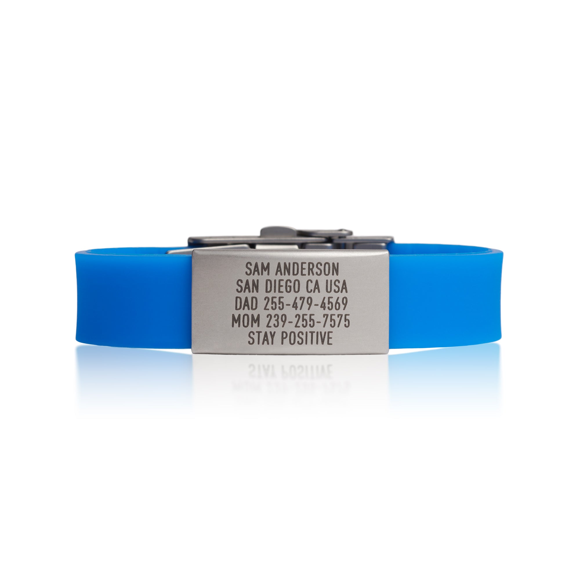Blue silicone with silver ID tag and silver matching double locking clasp wristband Pro Thin by BRECK iD.
