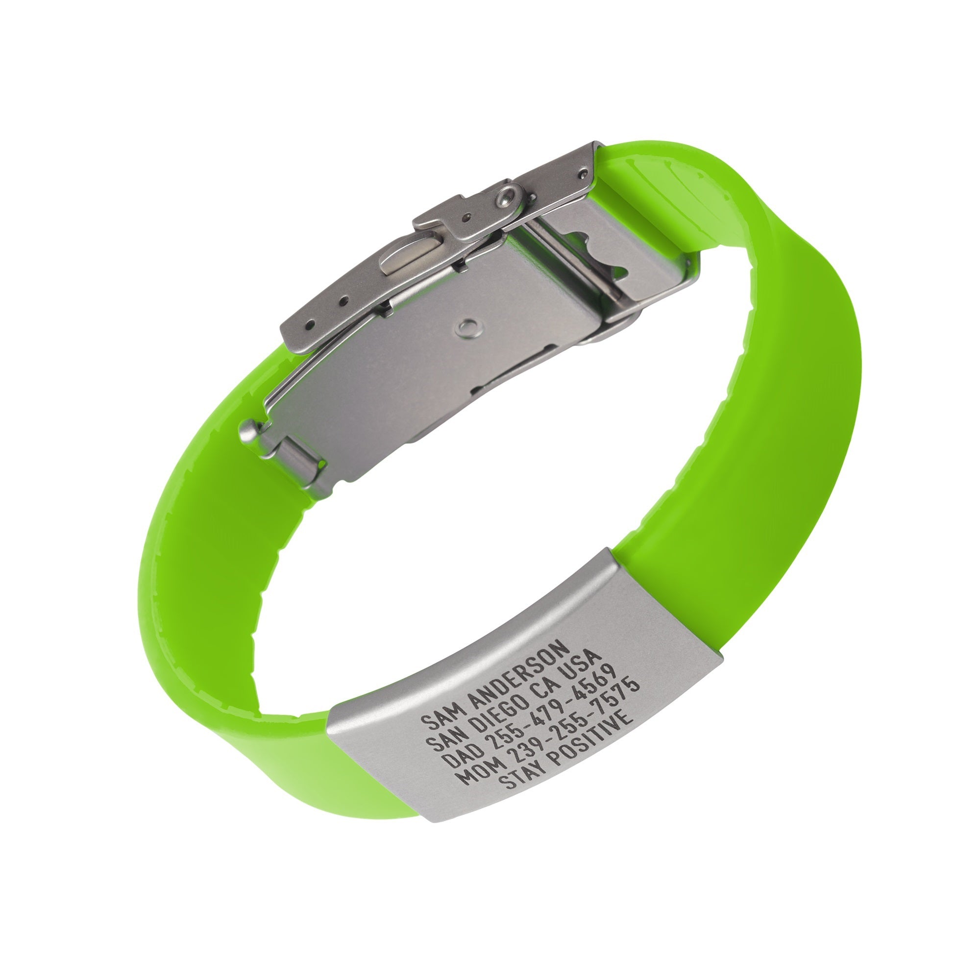 Lime Green silicone with silver ID tag and silver matching double locking clasp wristband Pro Thin
