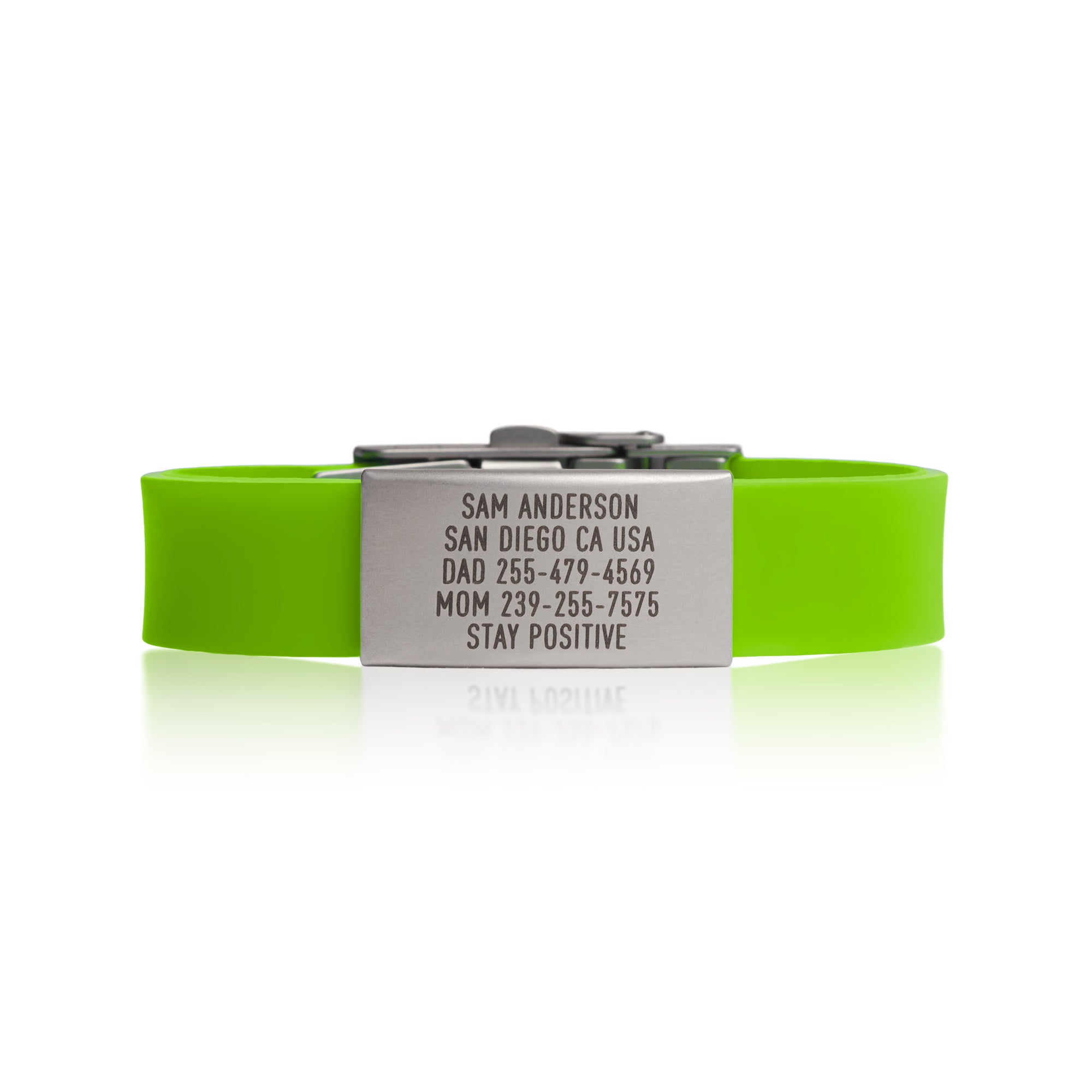 Lime Green silicone with silver ID tag and silver matching double locking clasp wristband Pro Thin by BRECK iD.