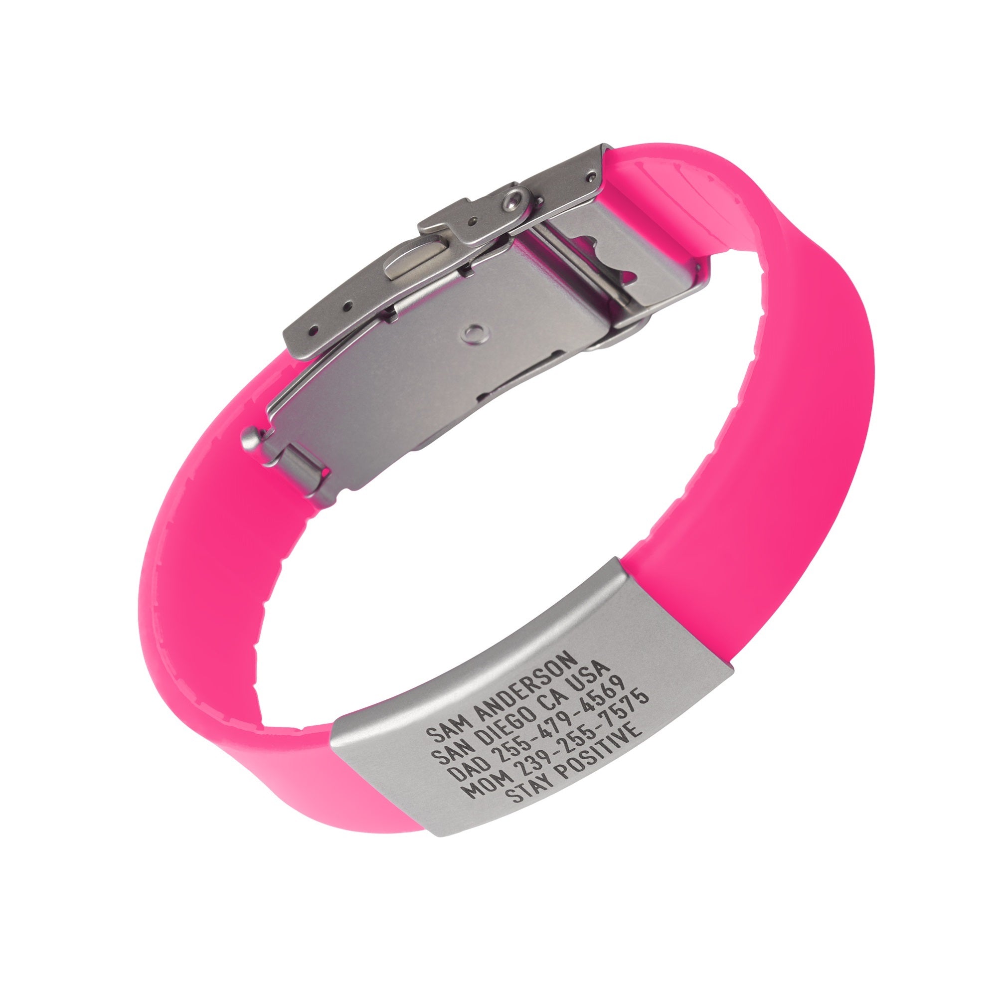 Pink silicone with silver ID tag and silver matching double locking clasp wristband Pro Thin