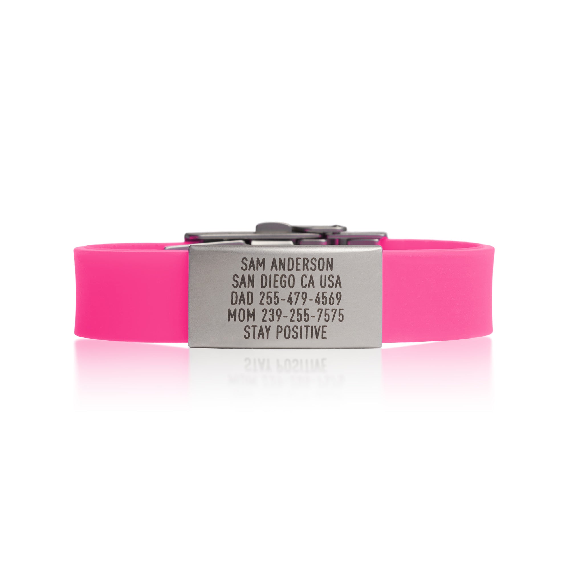 Pink silicone with silver ID tag and silver matching double locking clasp wristband Pro Thin by BRECK iD.