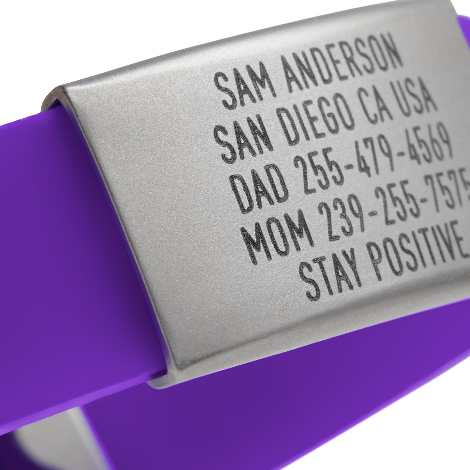 Close-up of a Purple silicone with silver ID tag and silver matching double locking clasp wristband Pro Thin