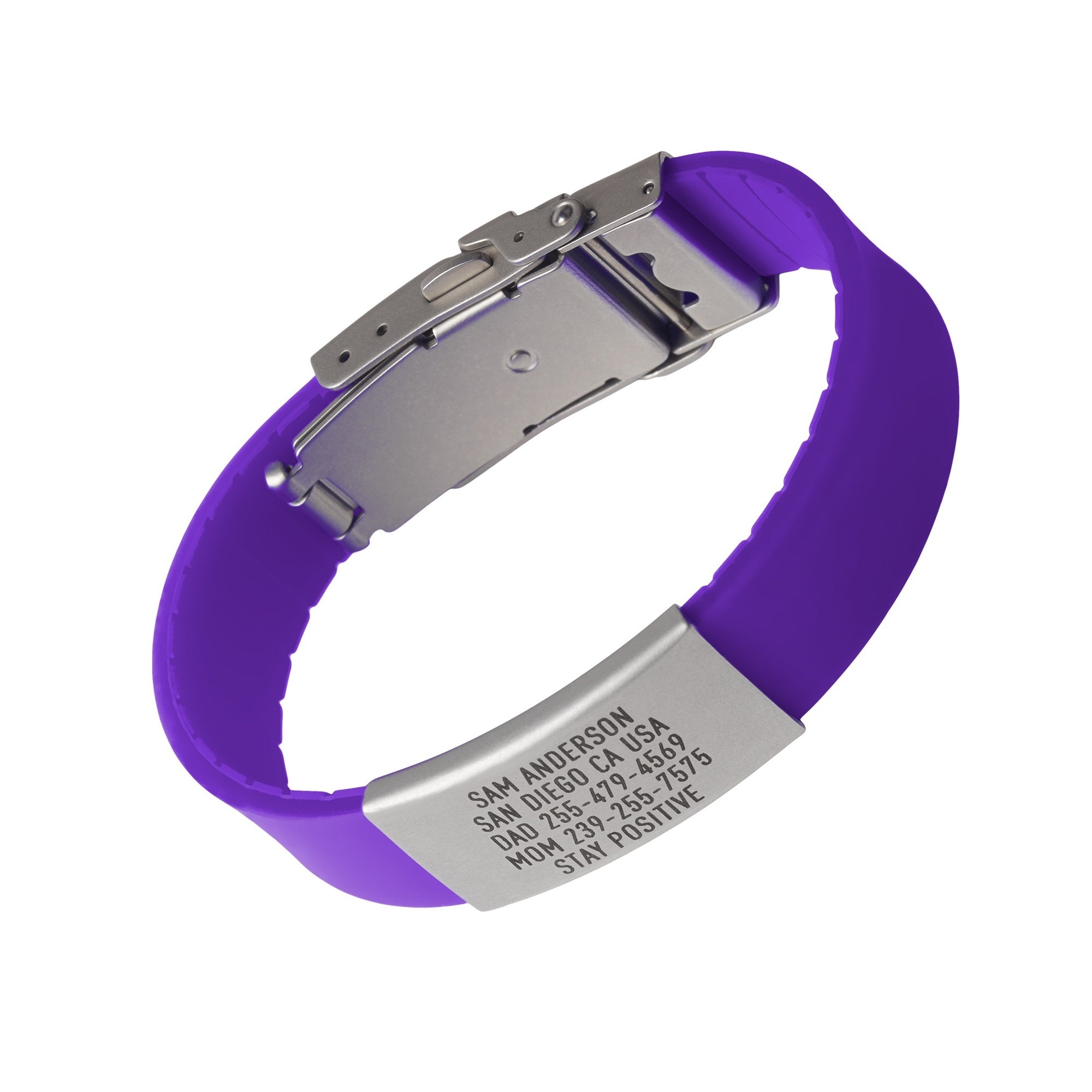 Purple silicone with silver ID tag and silver matching double locking clasp wristband Pro Thin