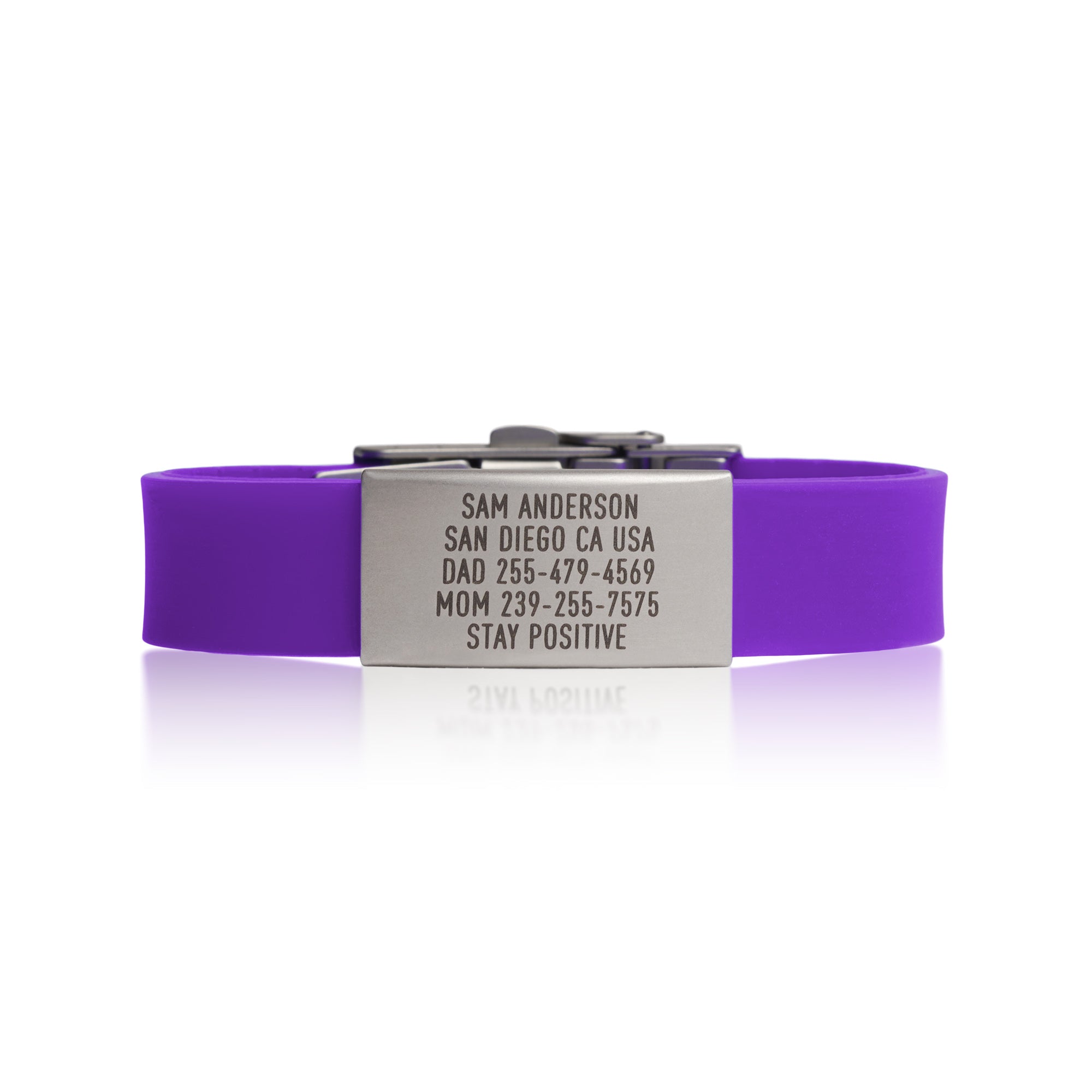 Purple silicone with silver ID tag and silver matching double locking clasp wristband Pro Thin by BRECK iD.