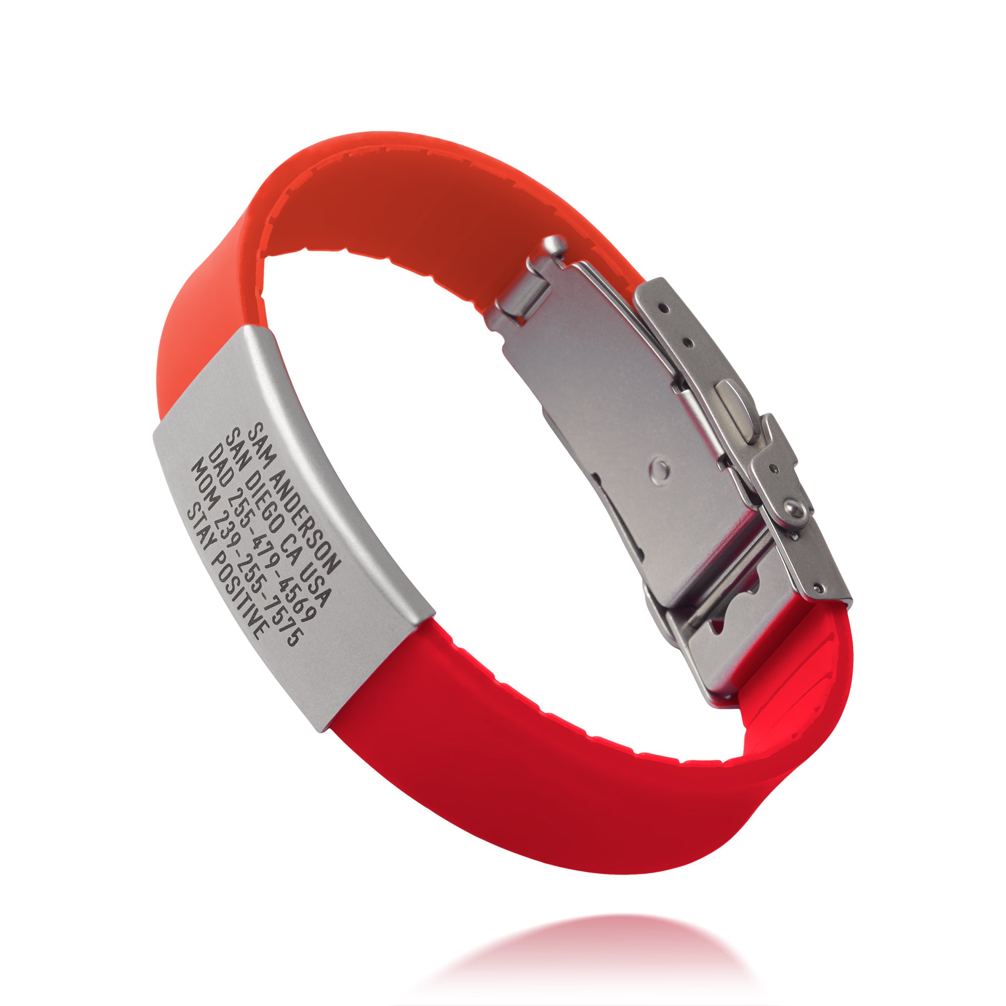 Red Pro Thin medical ID wristband showing QR code and emergency text