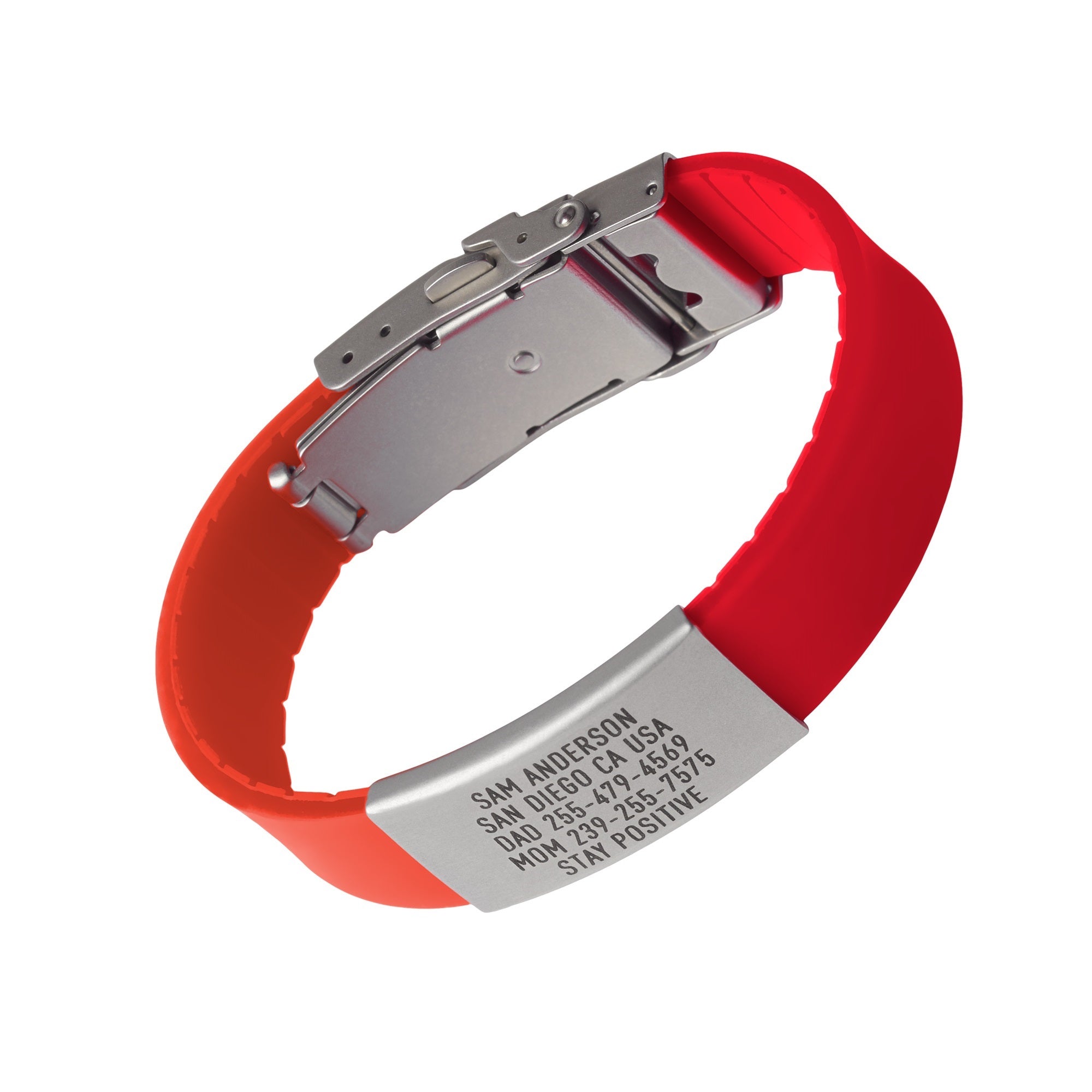 Red silicone with silver ID tag and silver matching double locking clasp wristband Pro Thin
