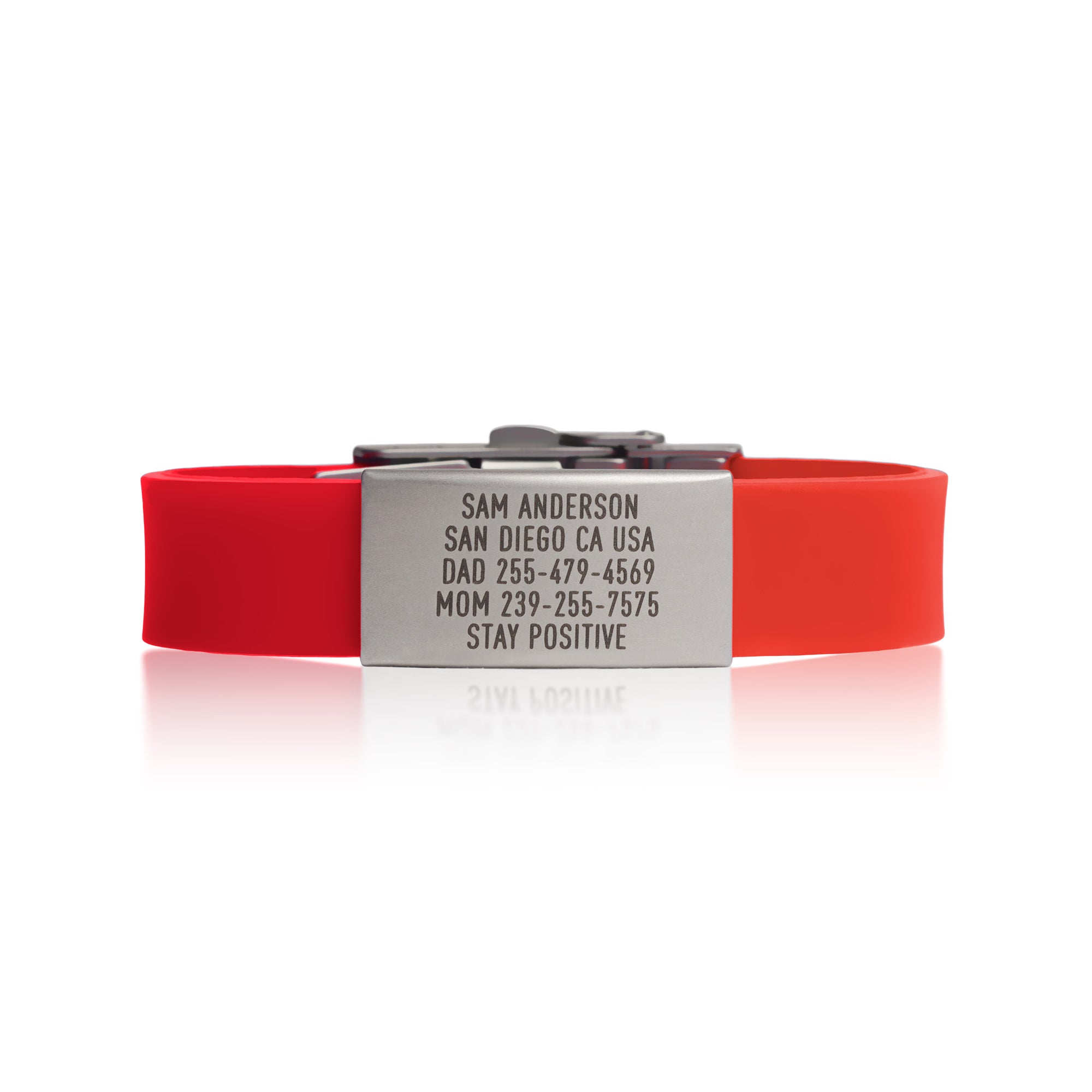 Red silicone with silver ID tag and silver matching double locking clasp wristband Pro Thin by BRECK iD.