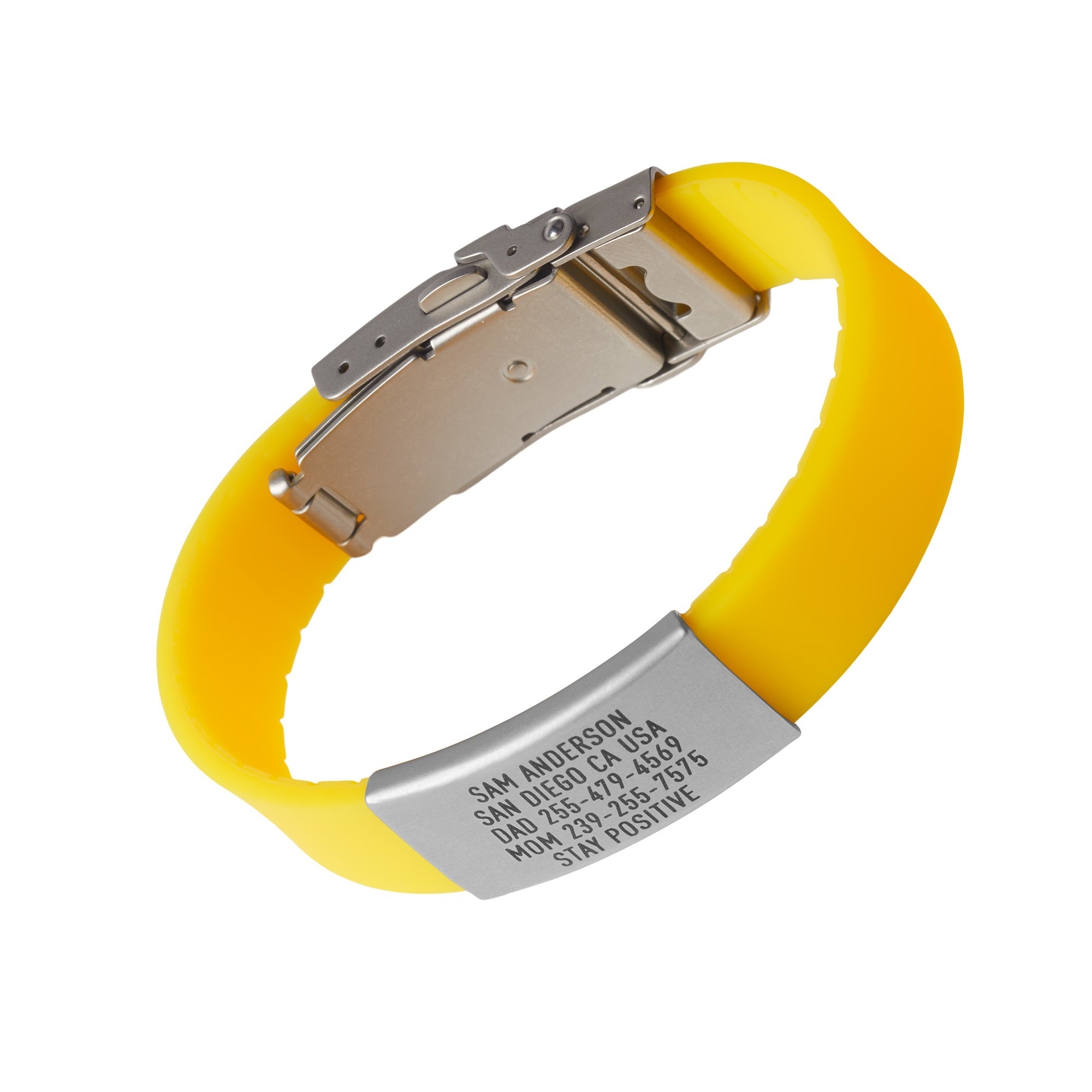Yellow silicone with silver ID tag and silver matching double locking clasp wristband Pro Thin