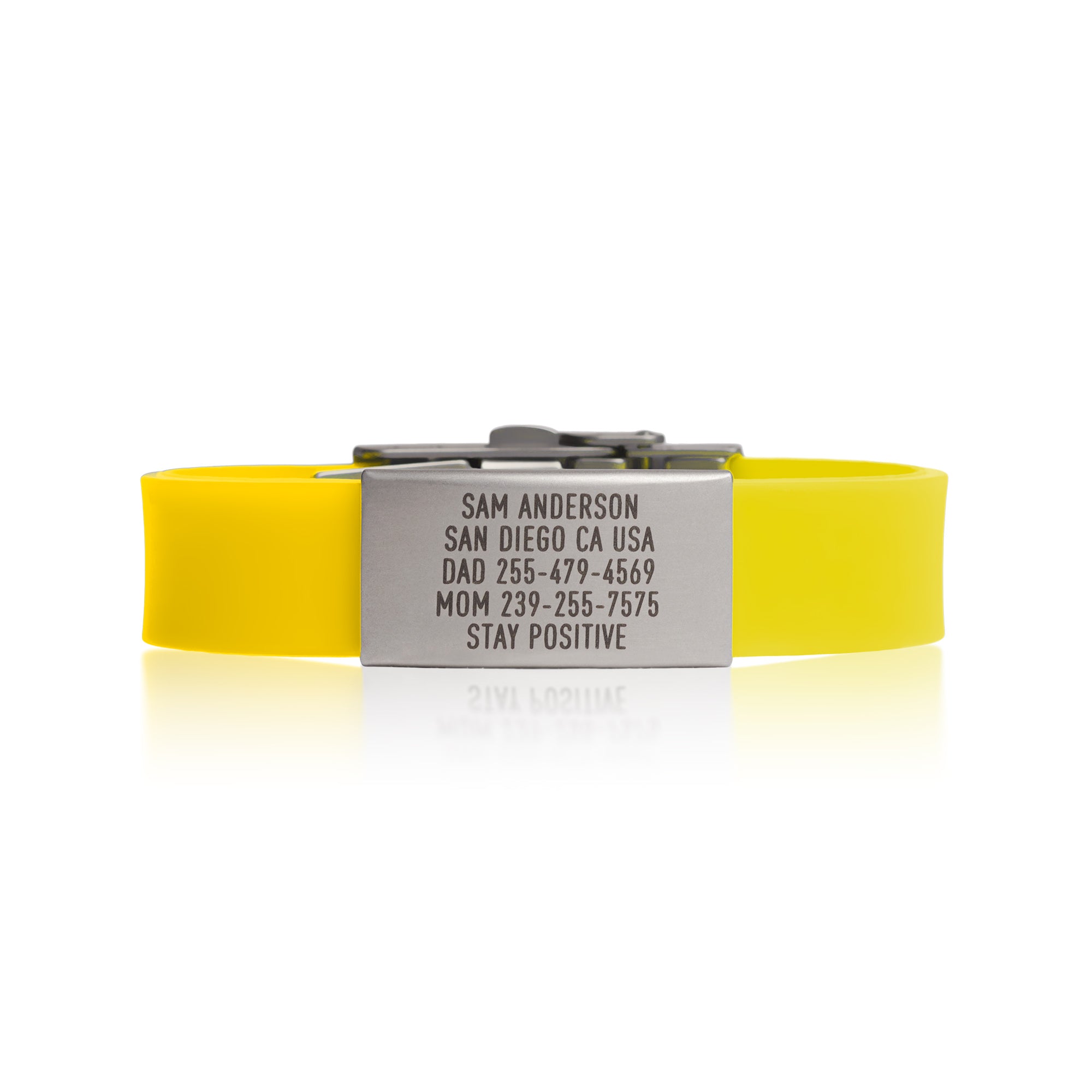 Yellow silicone with silver ID tag and silver matching double locking clasp wristband Pro Thin by BRECK iD.