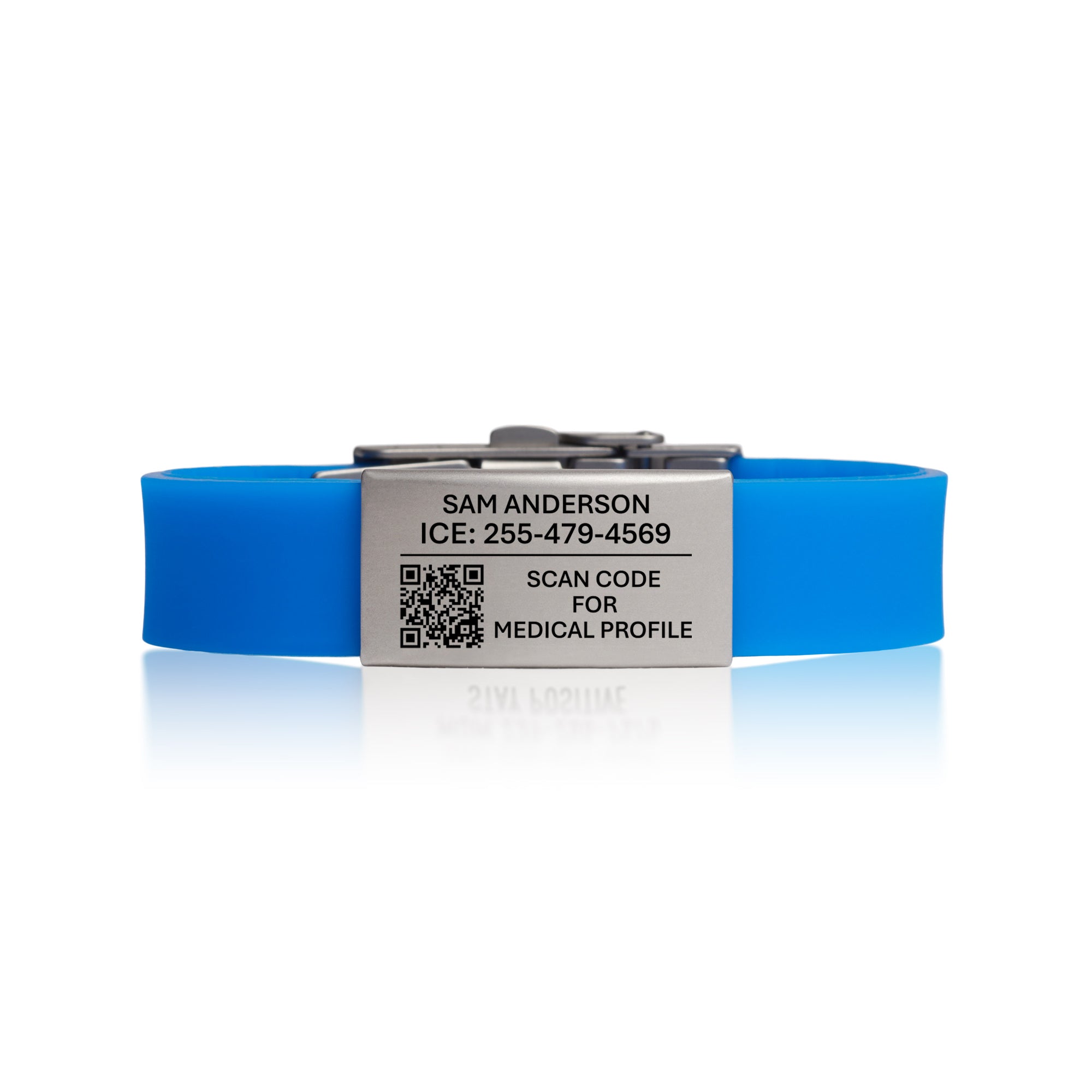 Blue Pro Thin medical ID wristband showing QR code and emergency text
