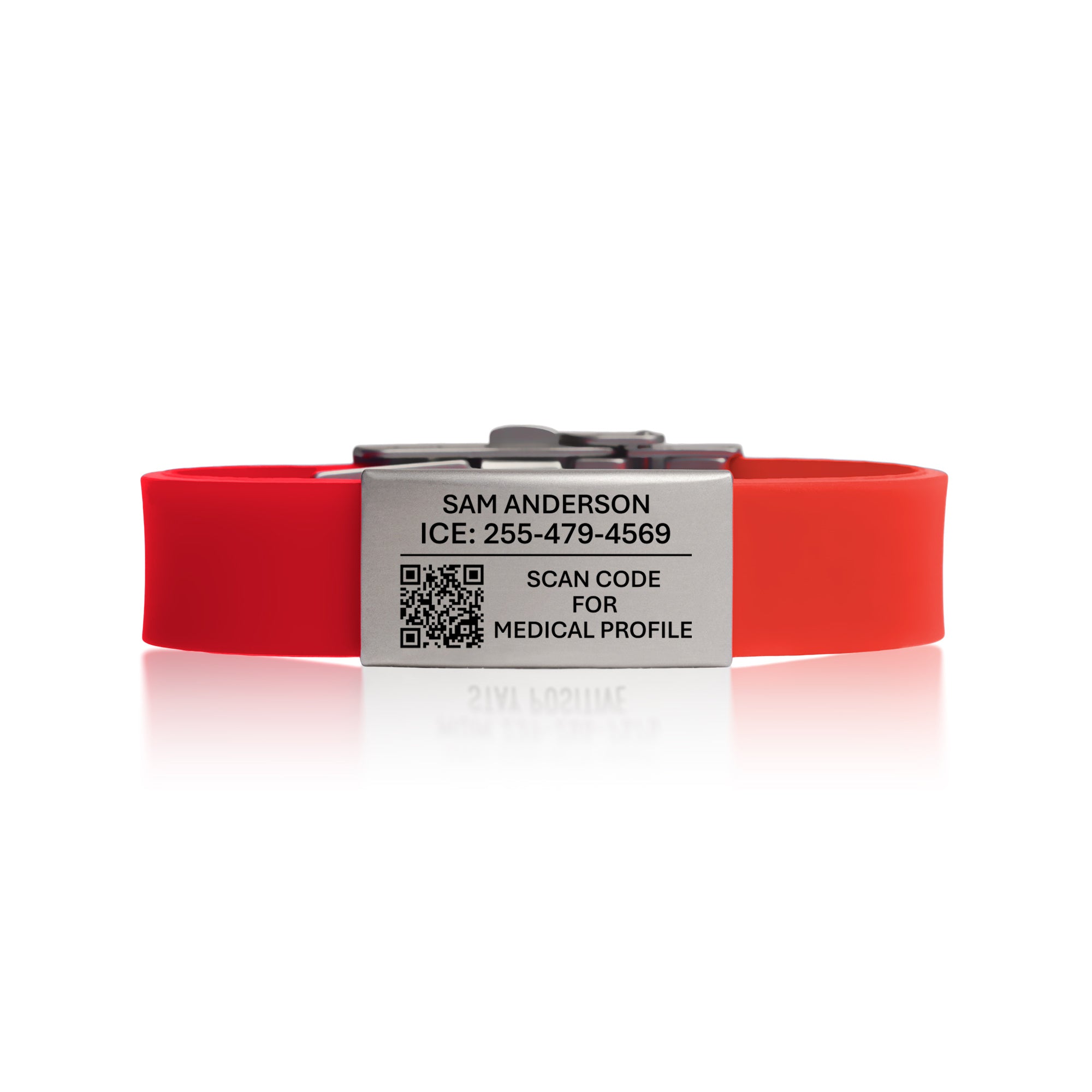 Red Pro Thin medical ID wristband showing QR code and emergency text