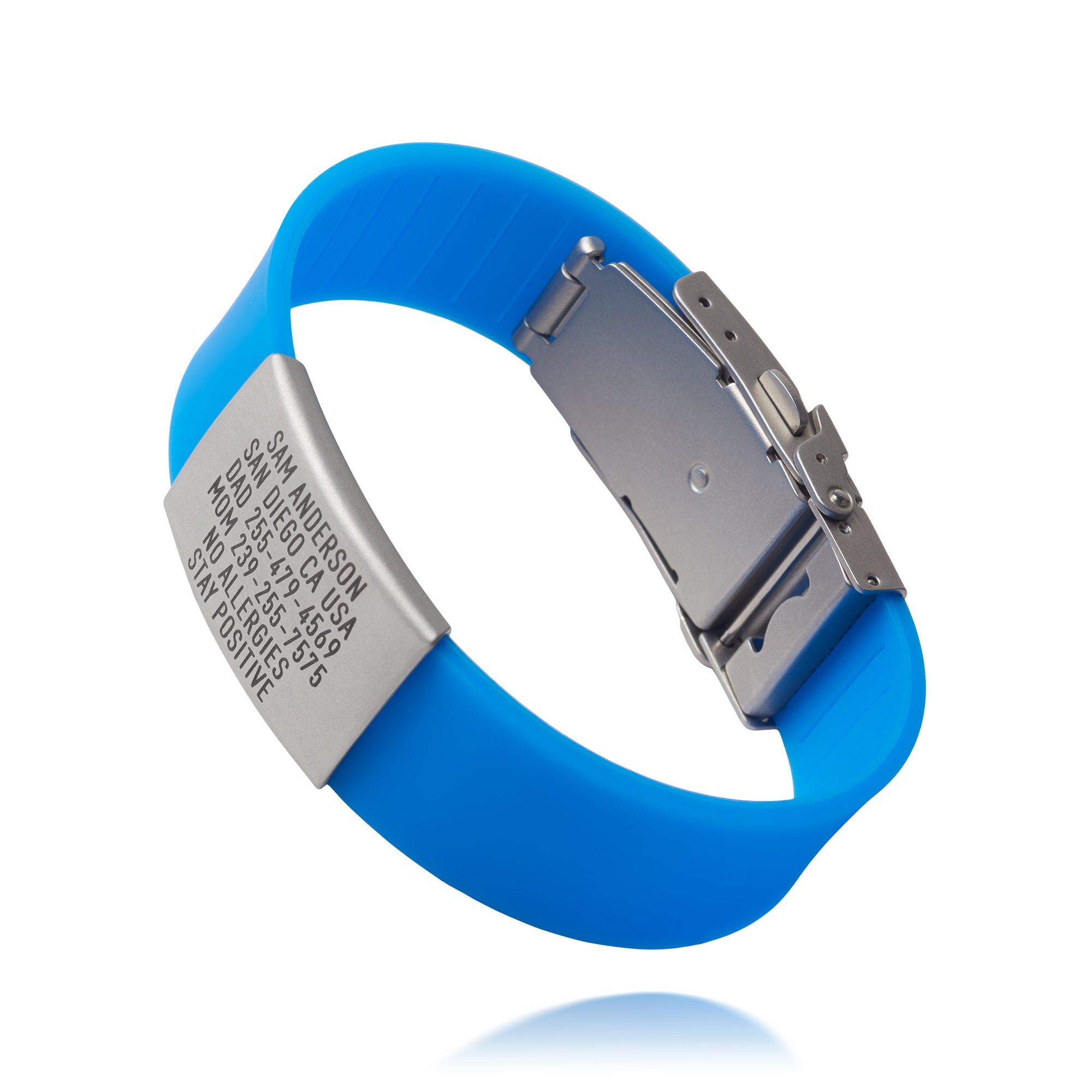 Blue Pro medical ID wristband showing emergency text and profile access details