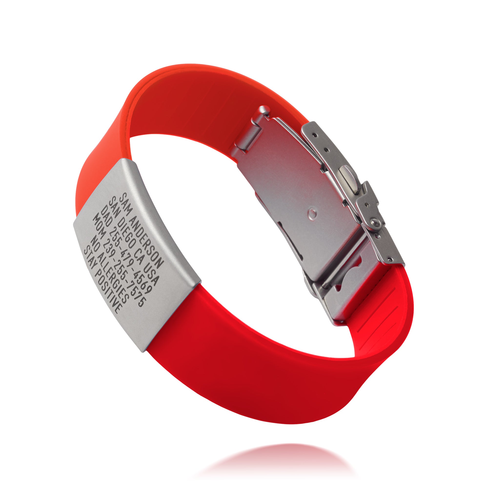 Red Pro medical ID wristband showing emergency text and profile access details
