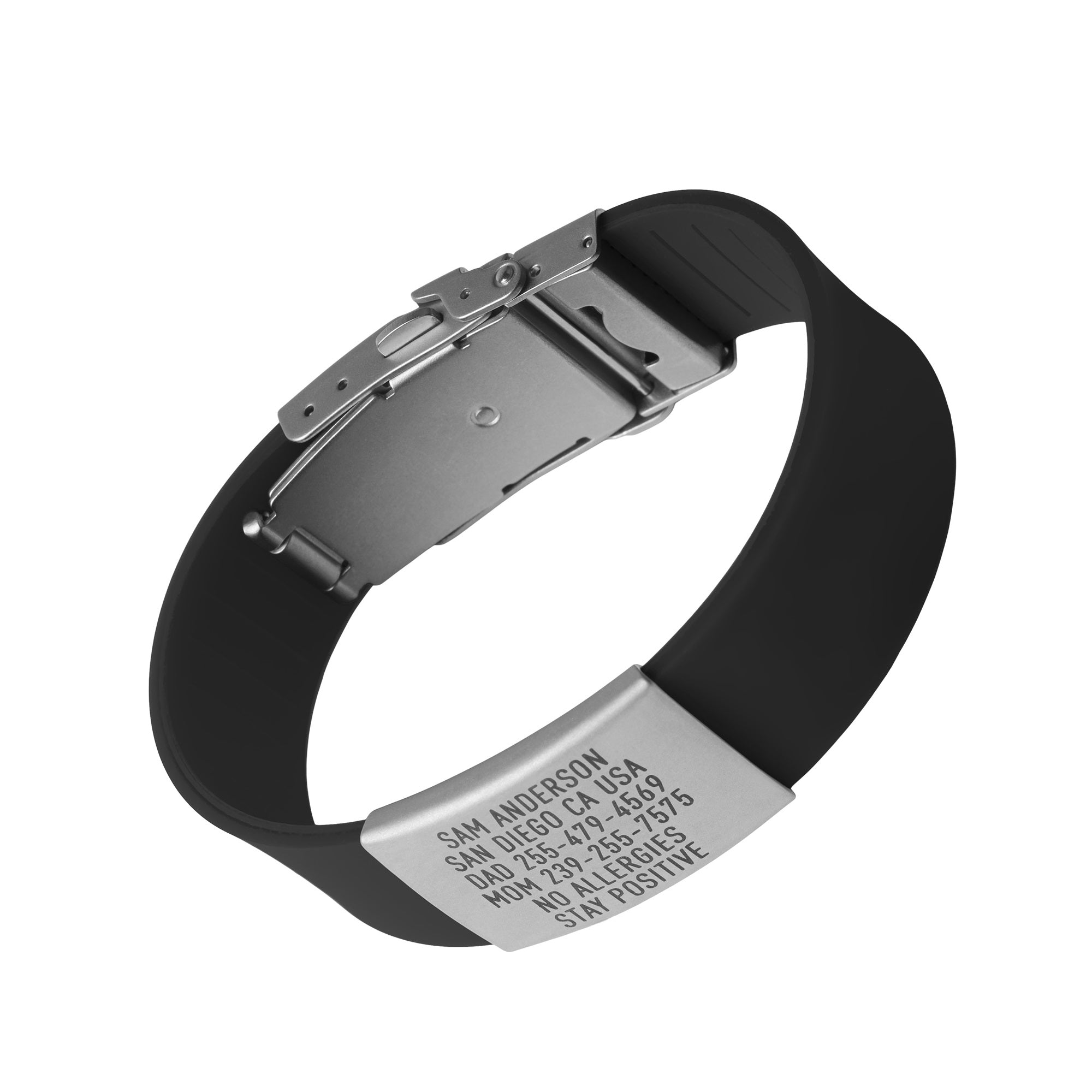 Black silicone and silver ID tag with matching silver double locking clasp emergency wristband