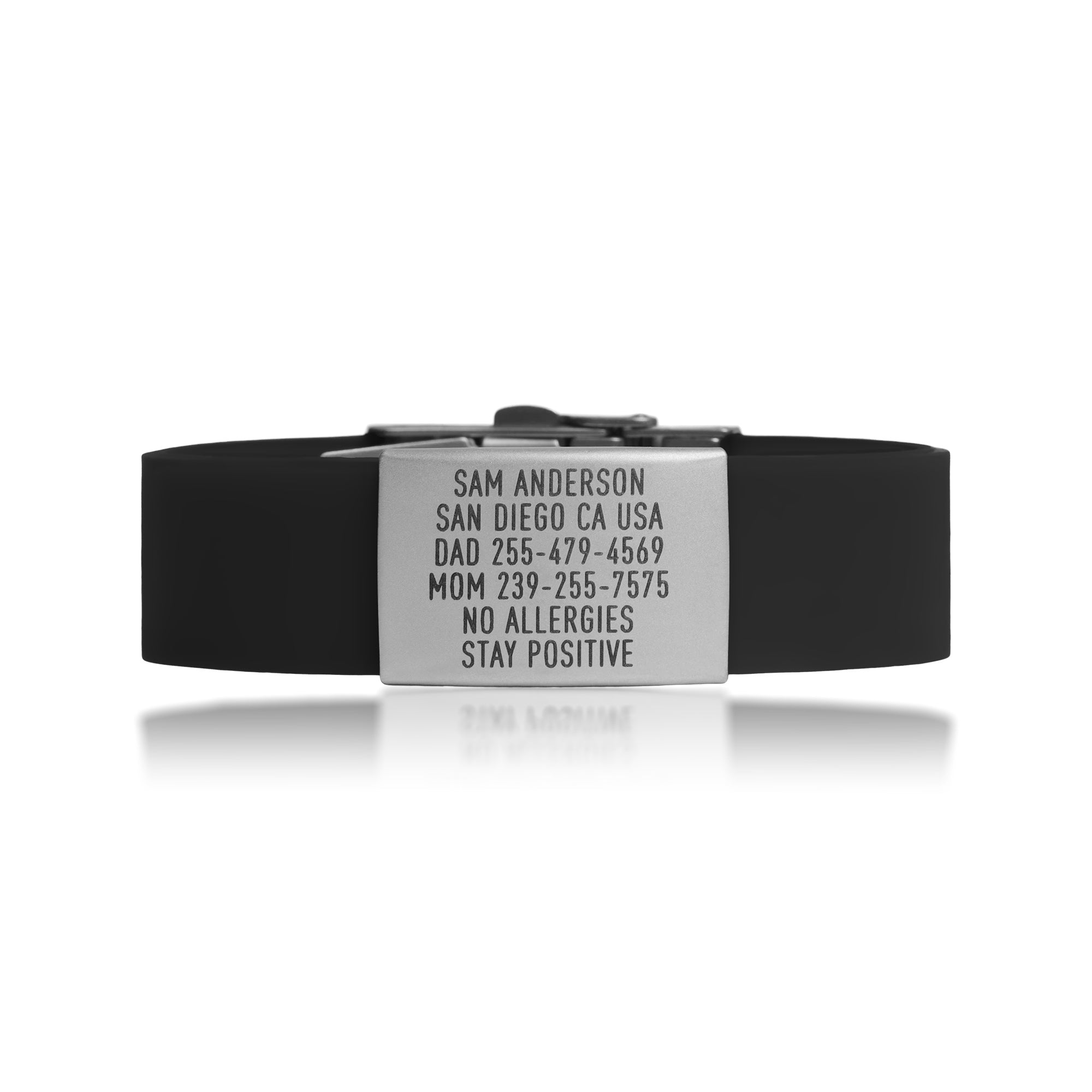 Black silicone and silver ID tag with matching silver double locking clasp emergency wristband by BRECK