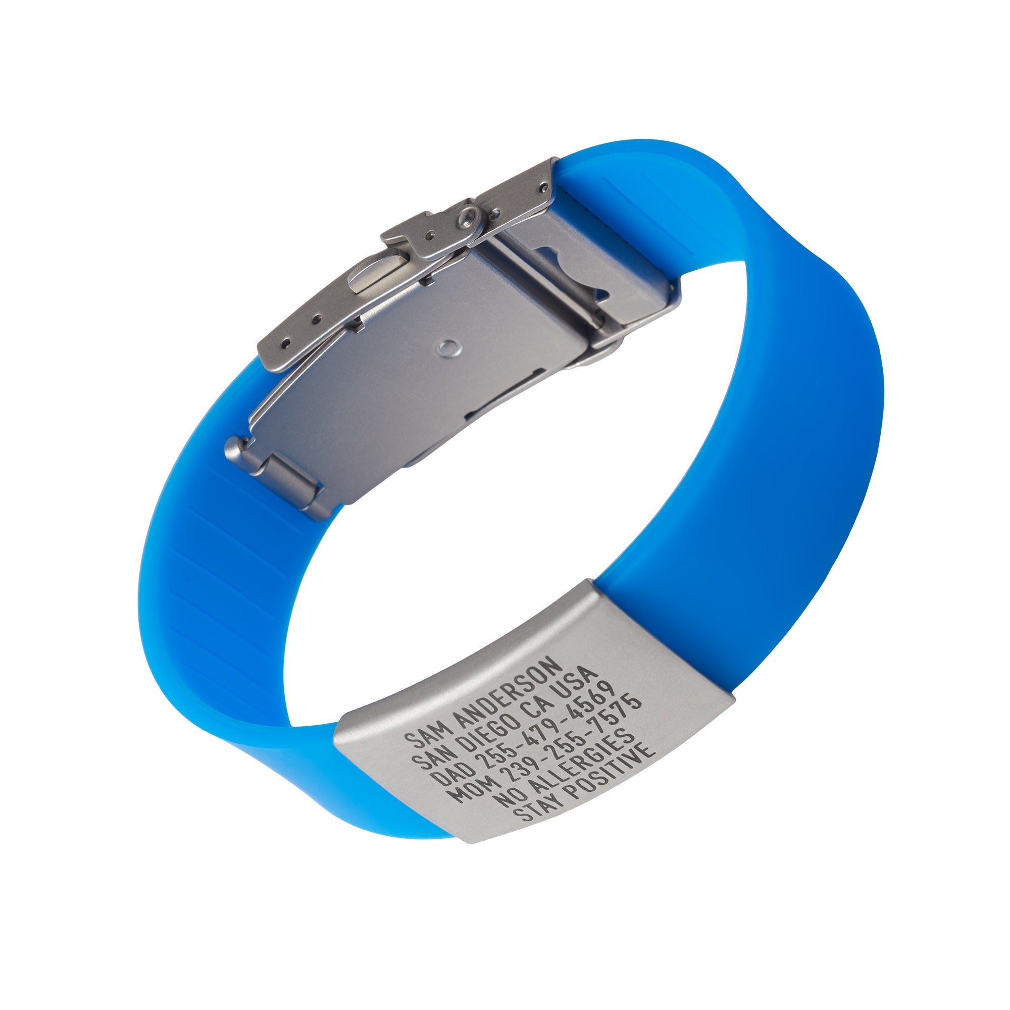 Blue silicone and silver ID tag with matching silver double locking clasp emergency wristband
