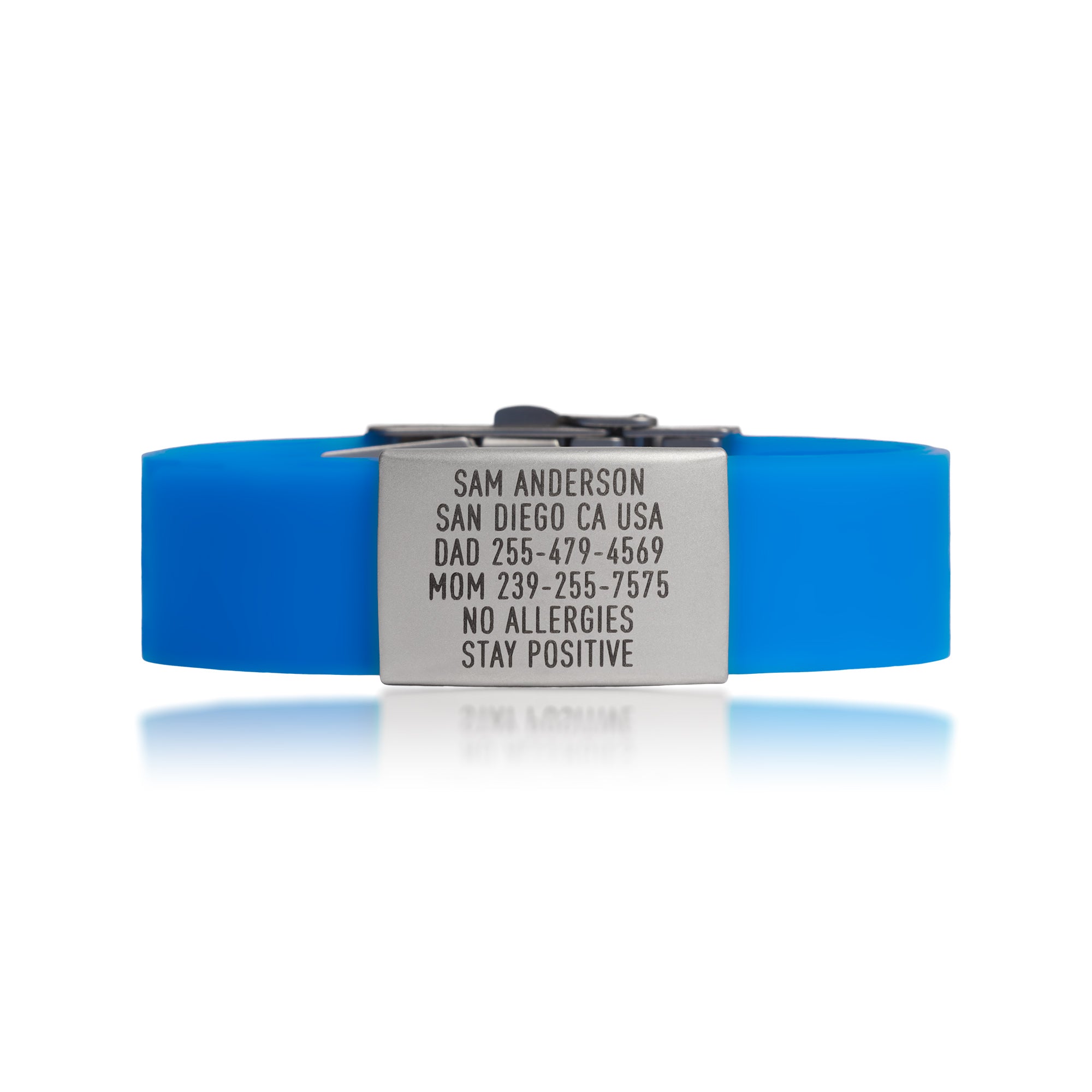 Blue silicone and silver ID tag with matching silver double locking clasp emergency wristband by BRECK