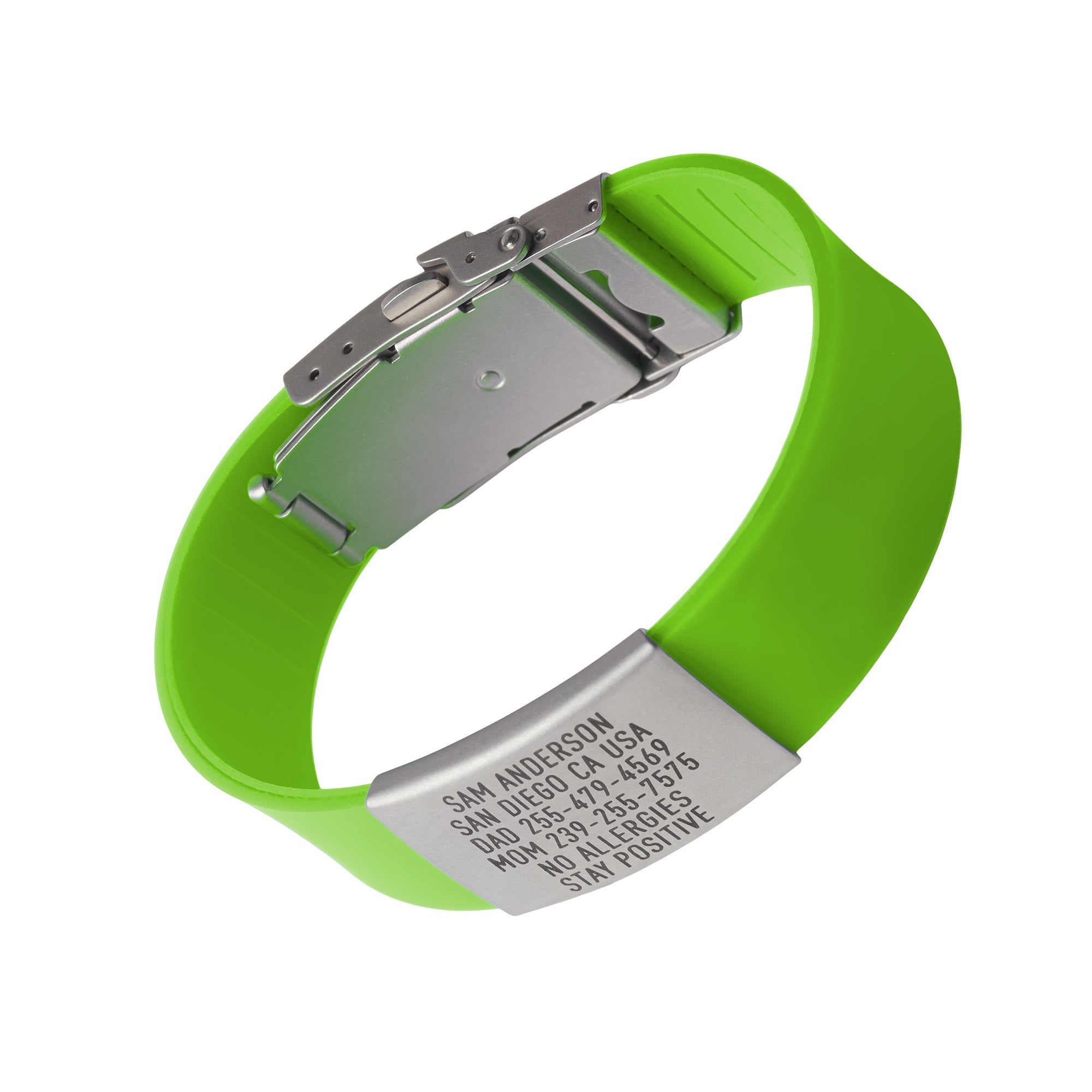Lime Green silicone and silver ID tag with matching silver double locking clasp emergency wristband