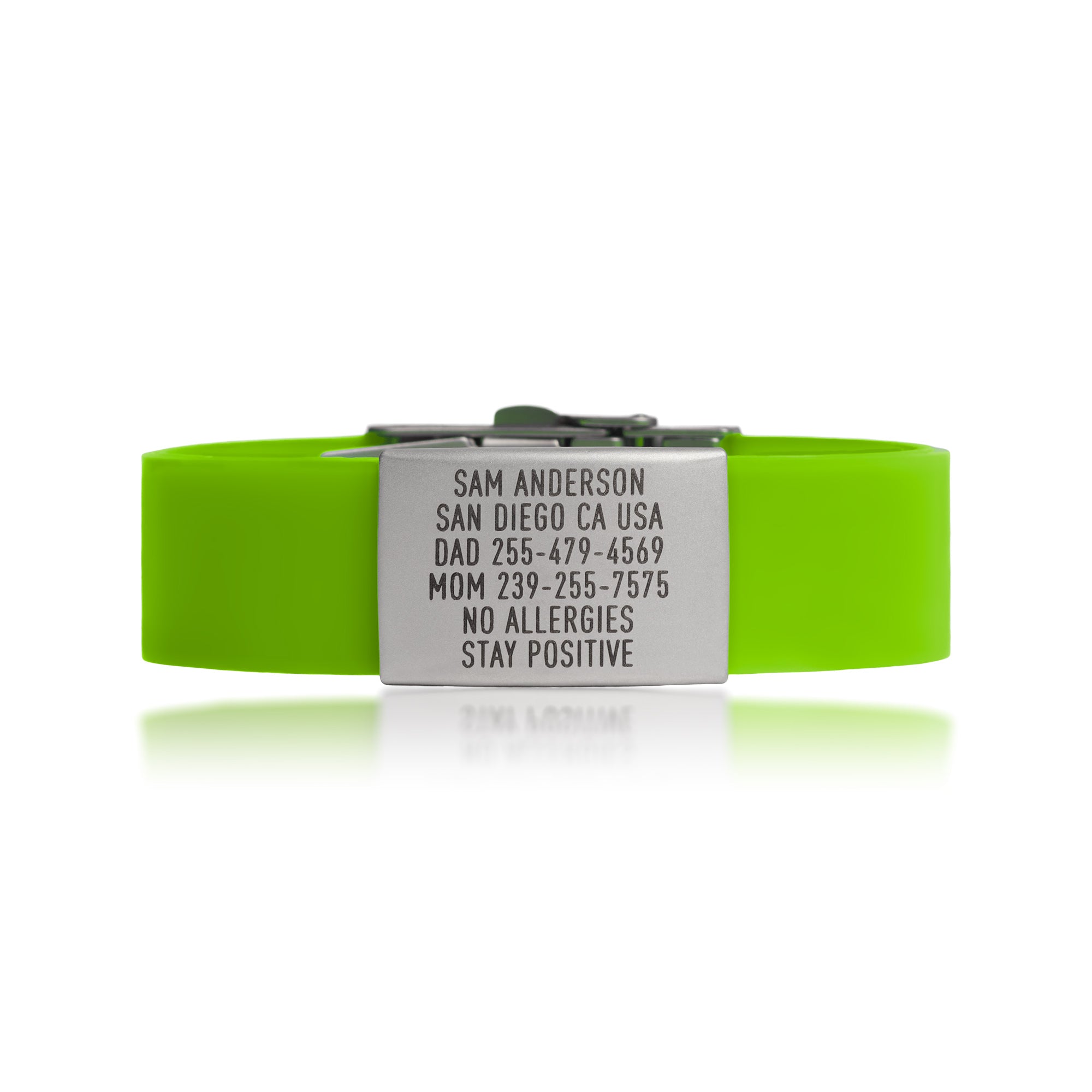 Lime Green silicone and silver ID tag with matching silver double locking clasp emergency wristband by BRECK