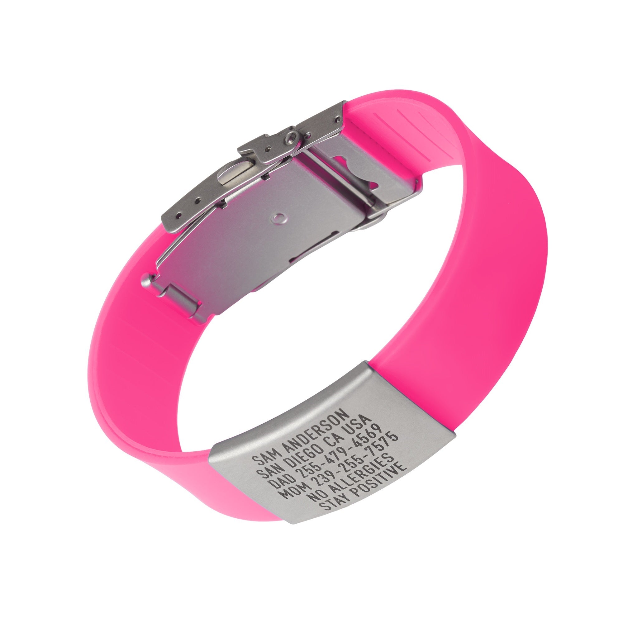 Pink silicone and silver ID tag with matching silver double locking clasp emergency wristband