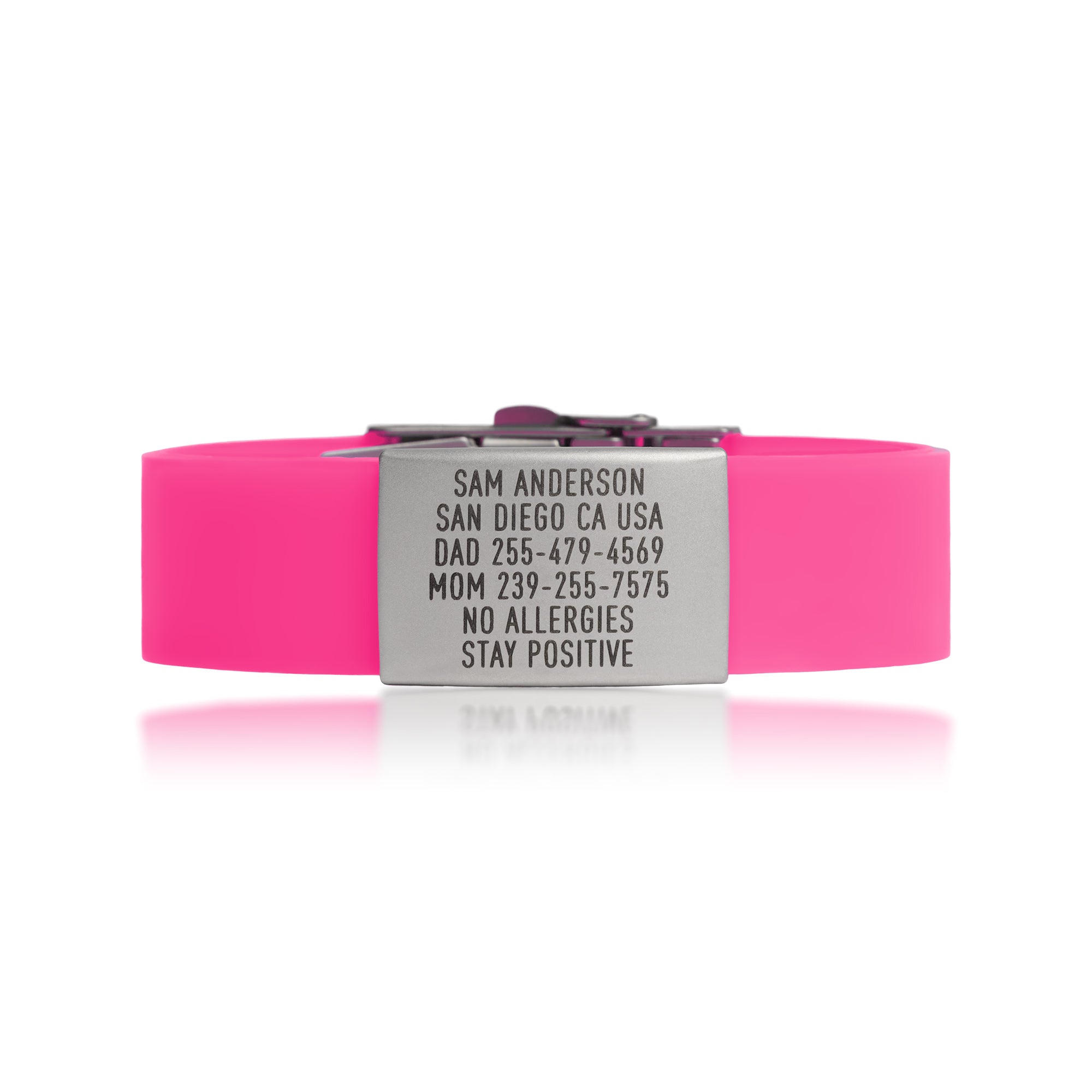 Pink silicone and silver ID tag with matching silver double locking clasp emergency wristband by BRECK