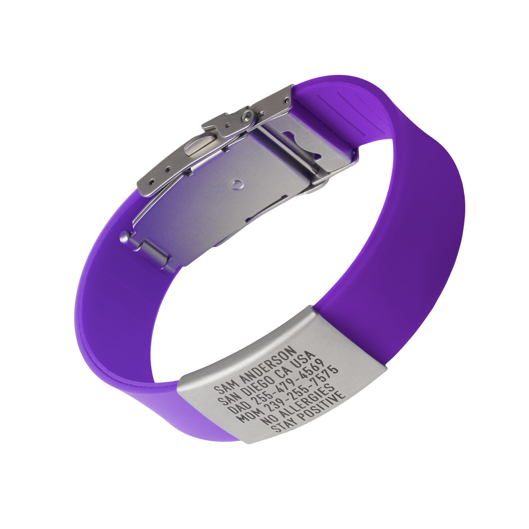 Purple silicone and silver ID tag with matching silver double locking clasp emergency wristband