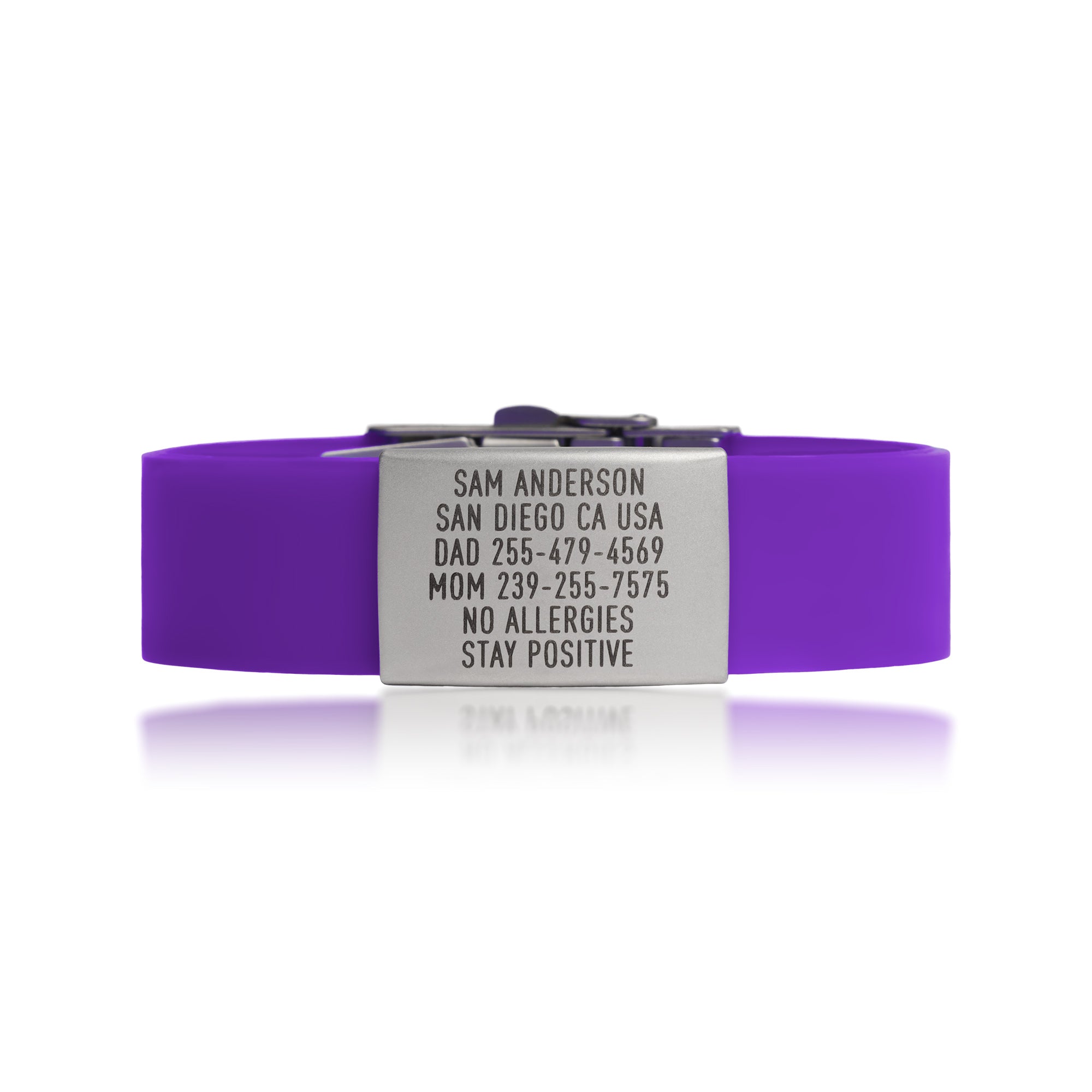 Purple silicone and silver ID tag with matching silver double locking clasp emergency wristband by BRECK