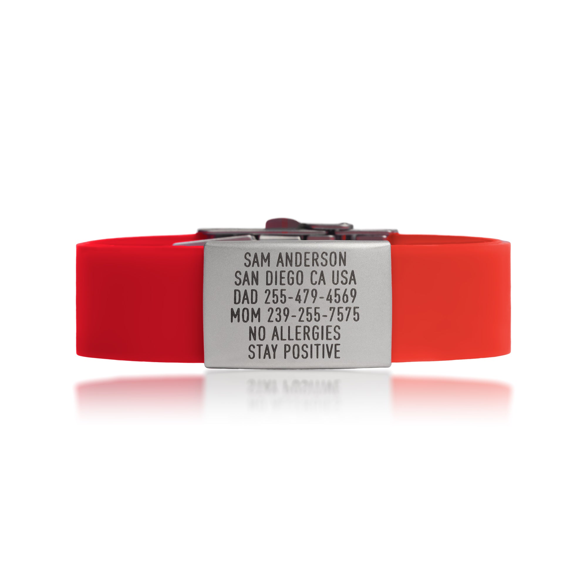 Red silicone and silver ID tag with matching silver double locking clasp emergency wristband by BRECK iD.