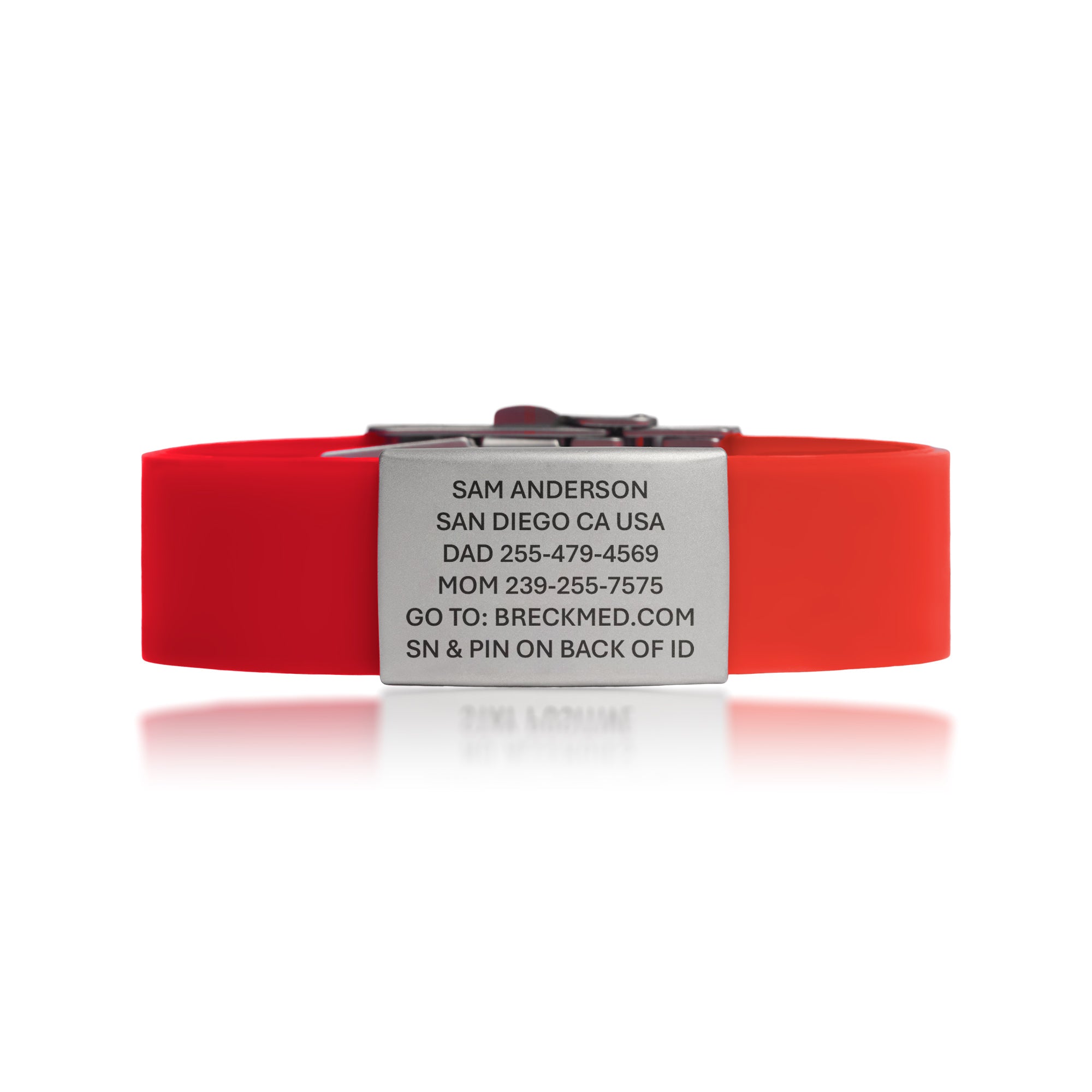 Blue Pro medical ID wristband showing emergency text and profile access details