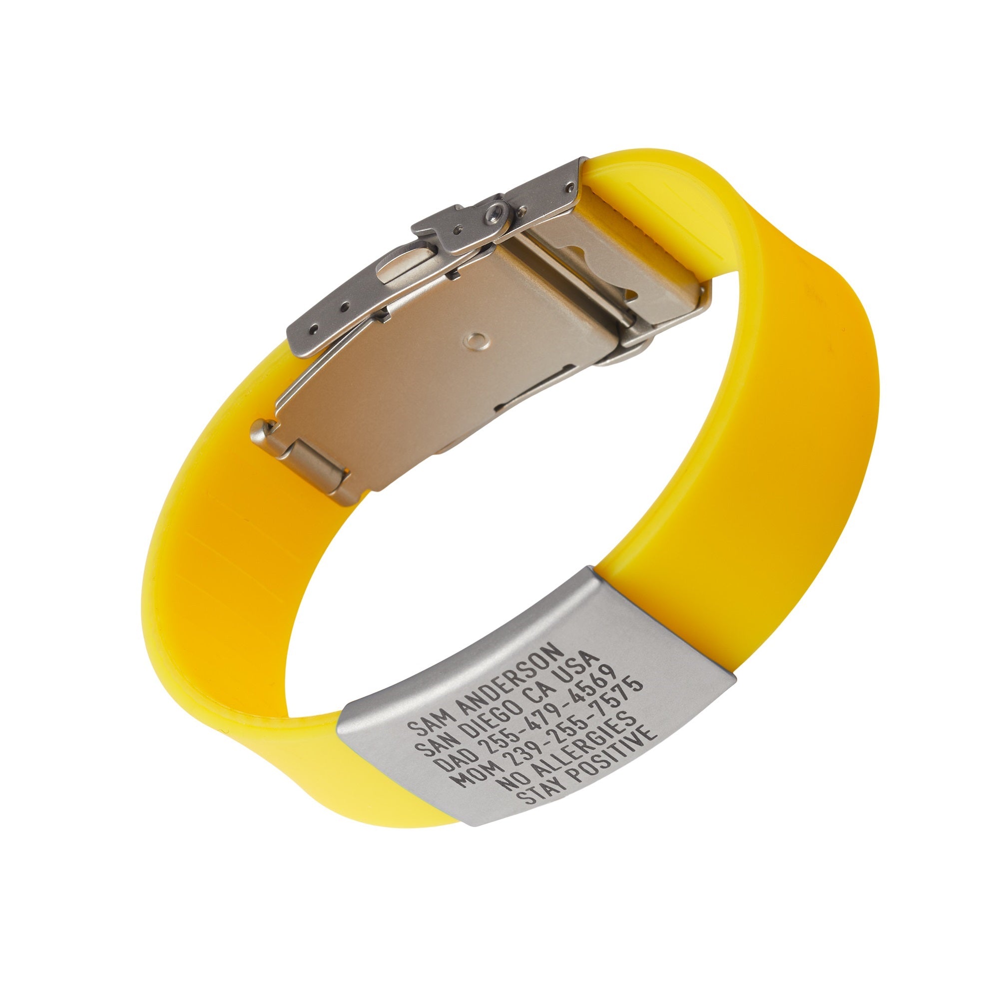 Yellow silicone and silver ID tag with matching silver double locking clasp emergency wristband