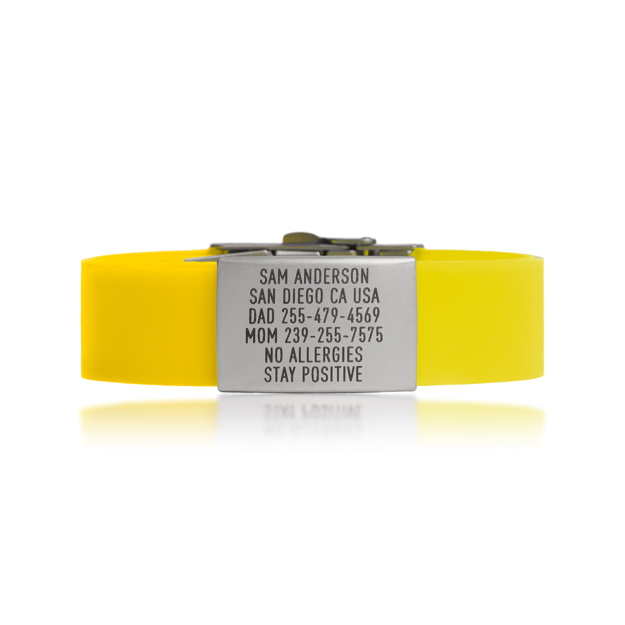 Yellow silicone and silver ID tag with matching silver double locking clasp emergency wristband by BRECK