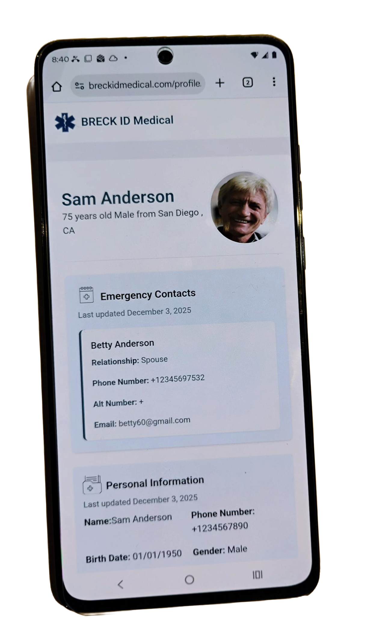 BRECK iD medical card carried in a wallet for emergency identification