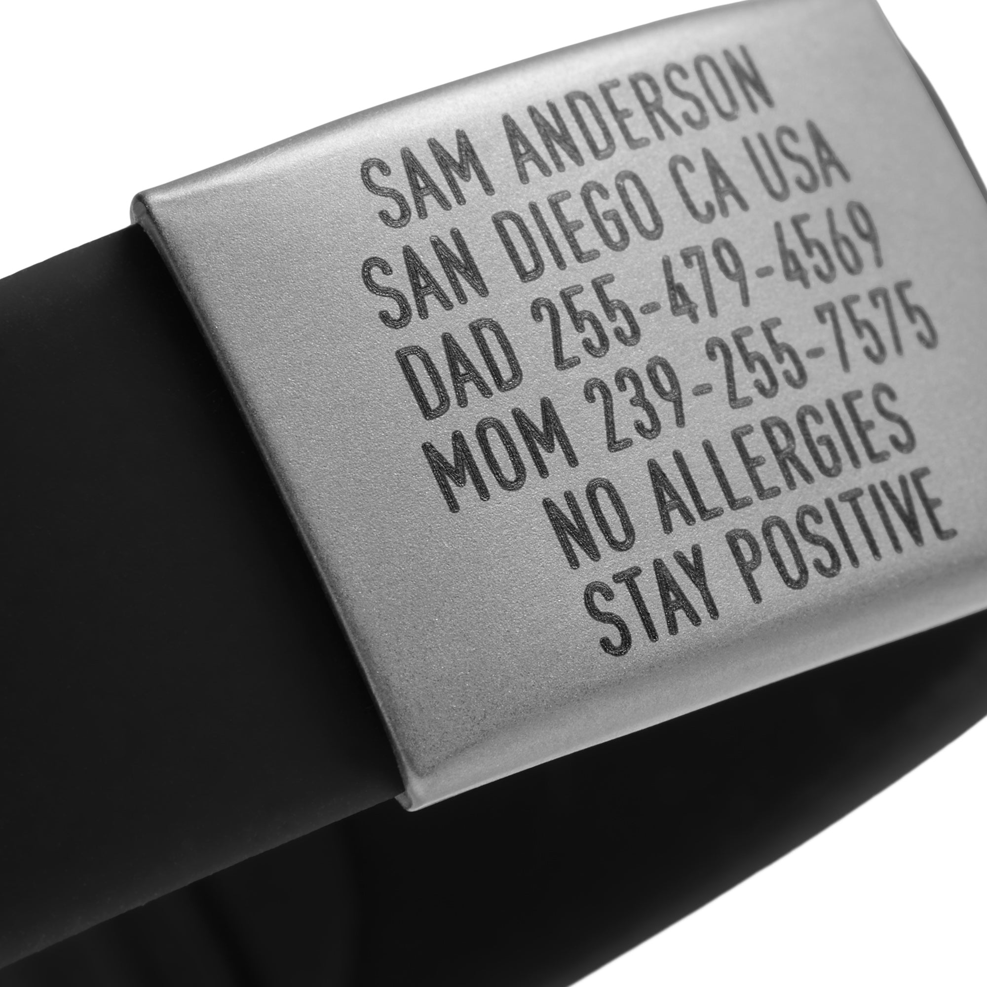Close-up of Black Emergency ID wristband Sleek by BRECK iD