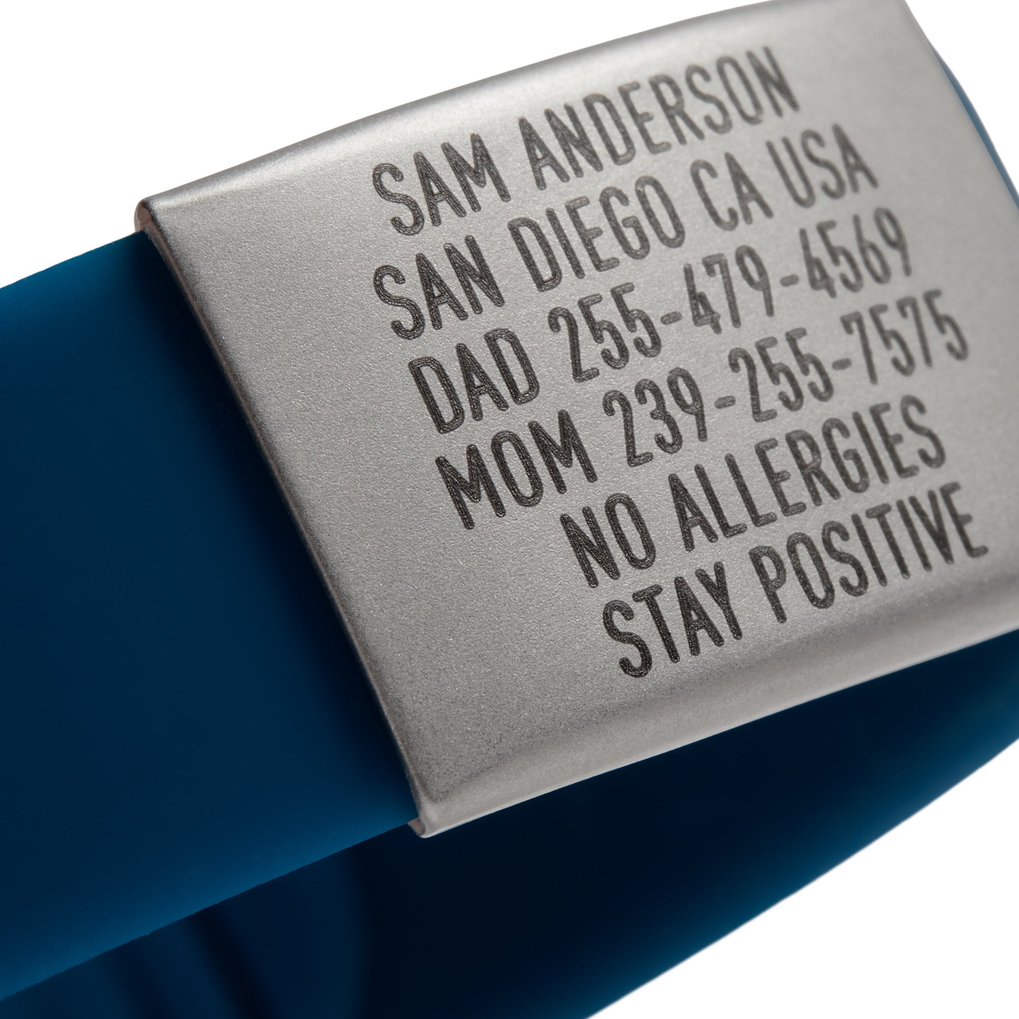 Close-up of Blue Emergency ID wristband Sleek by BRECK iD