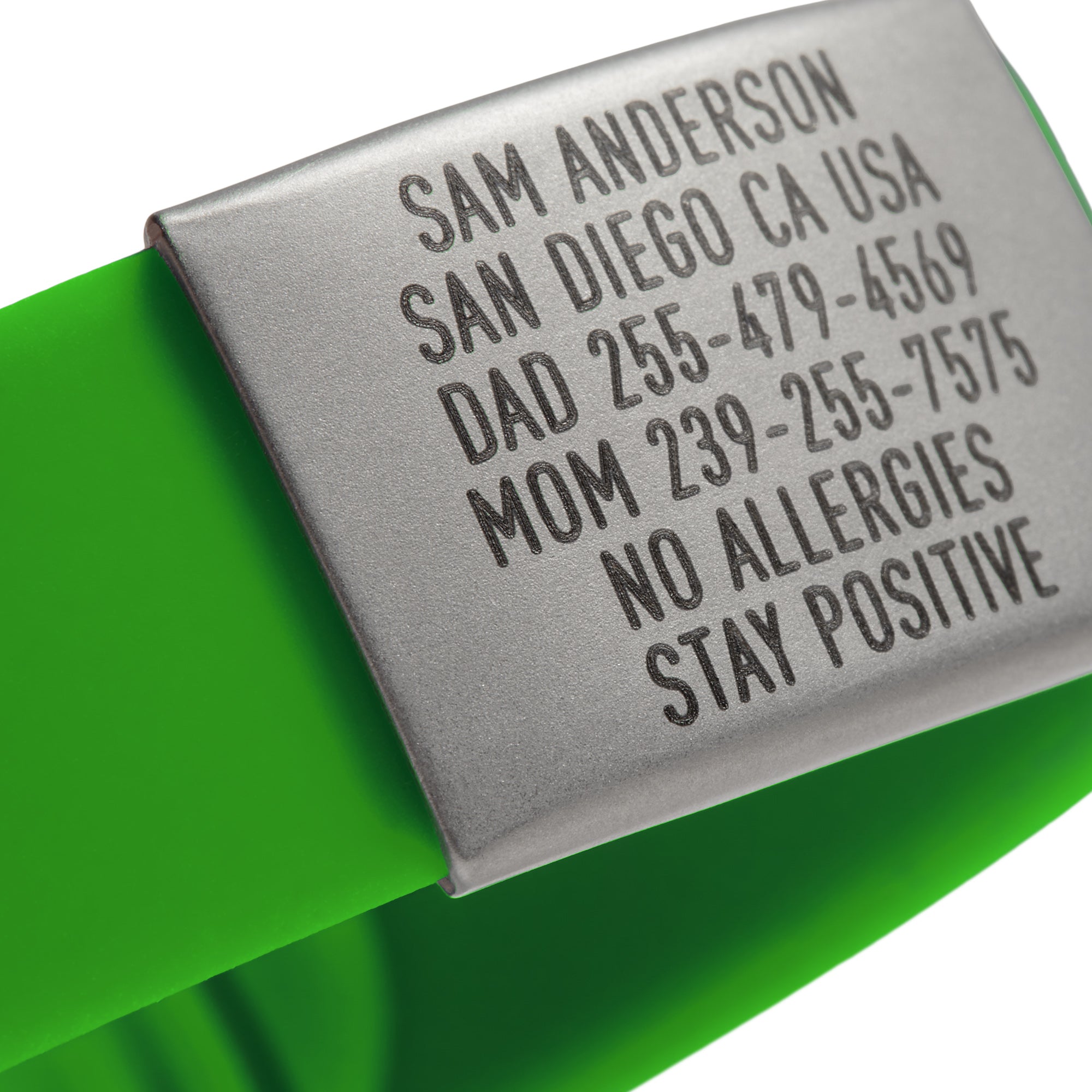 Close-up of Lime Green Emergency ID wristband Sleek by BRECK iD
