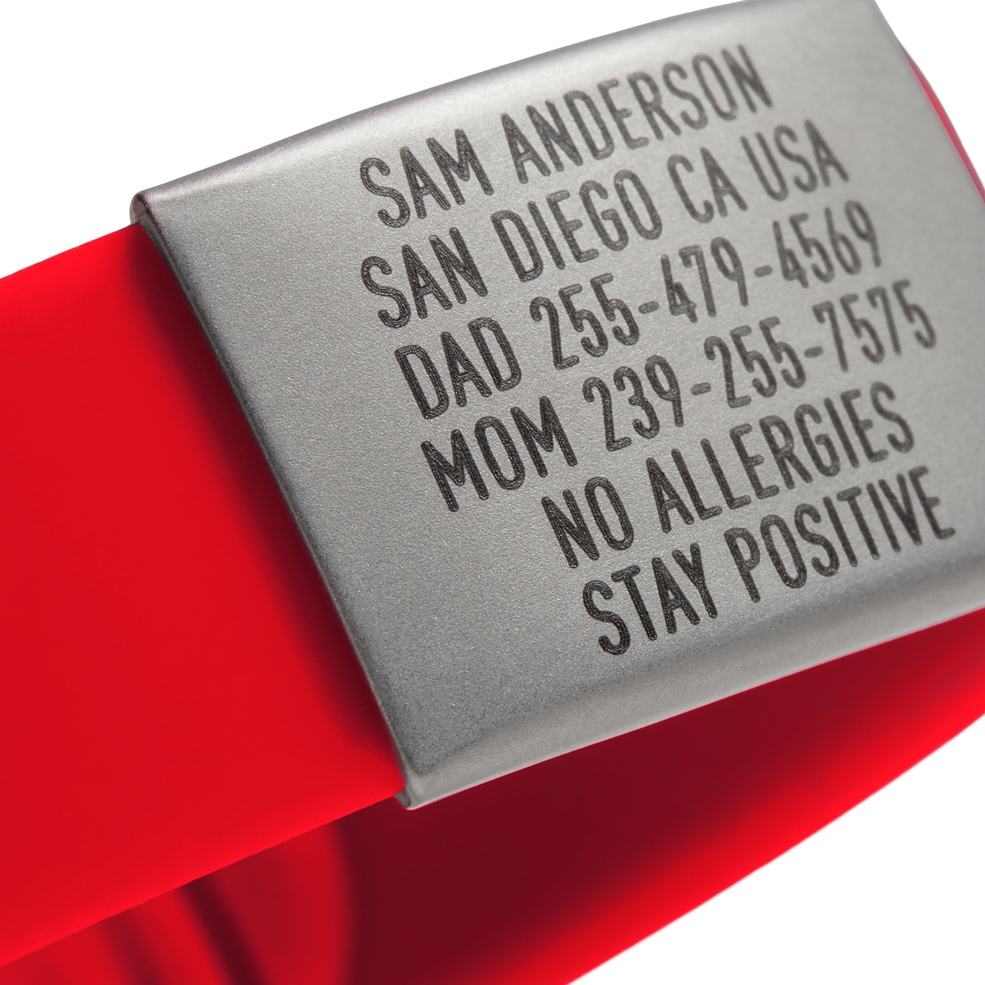 Close-up of Red Emergency ID wristband Sleek by BRECK iD
