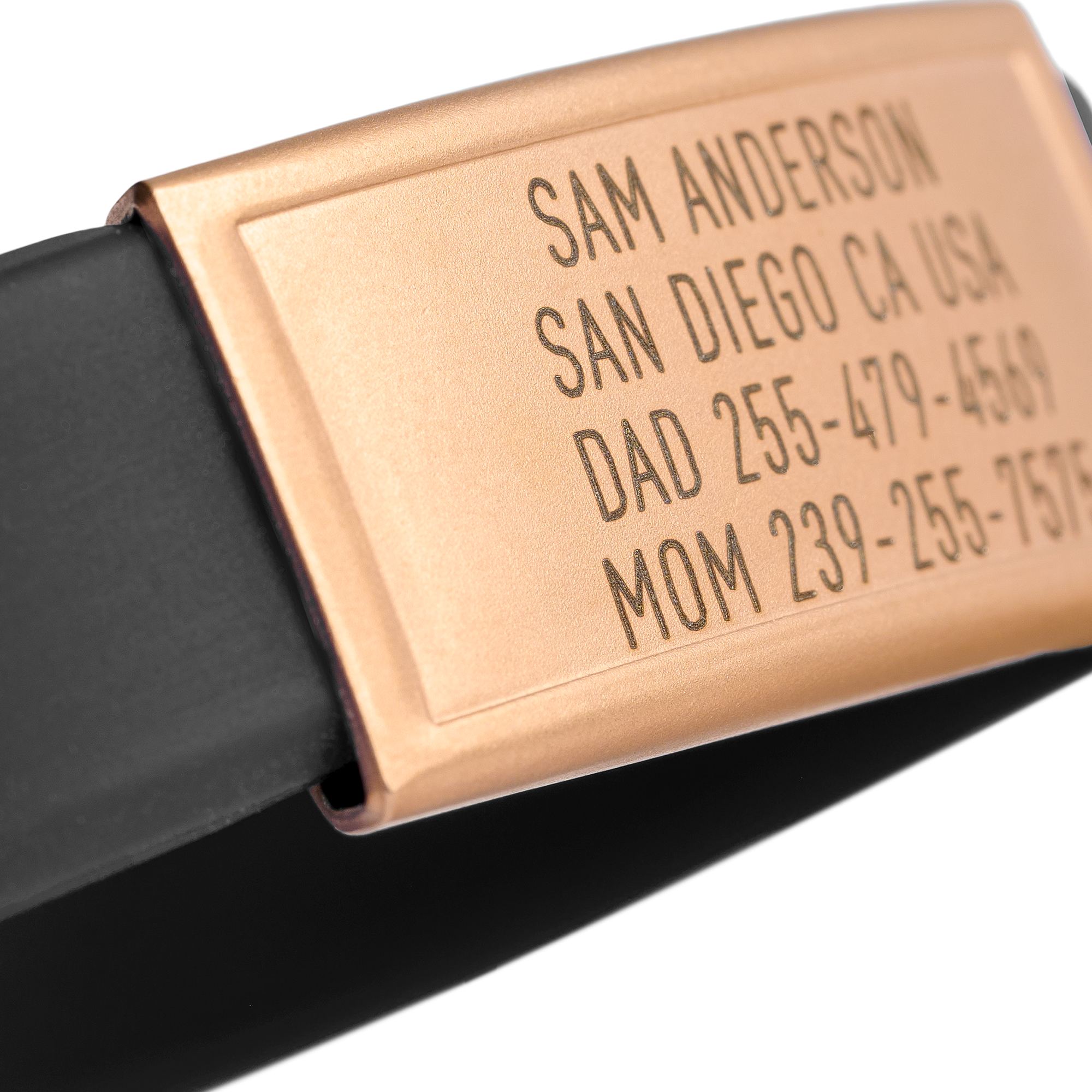Close-up of Black silicone with Gold ID tag Sprint wristband by BRECK iD