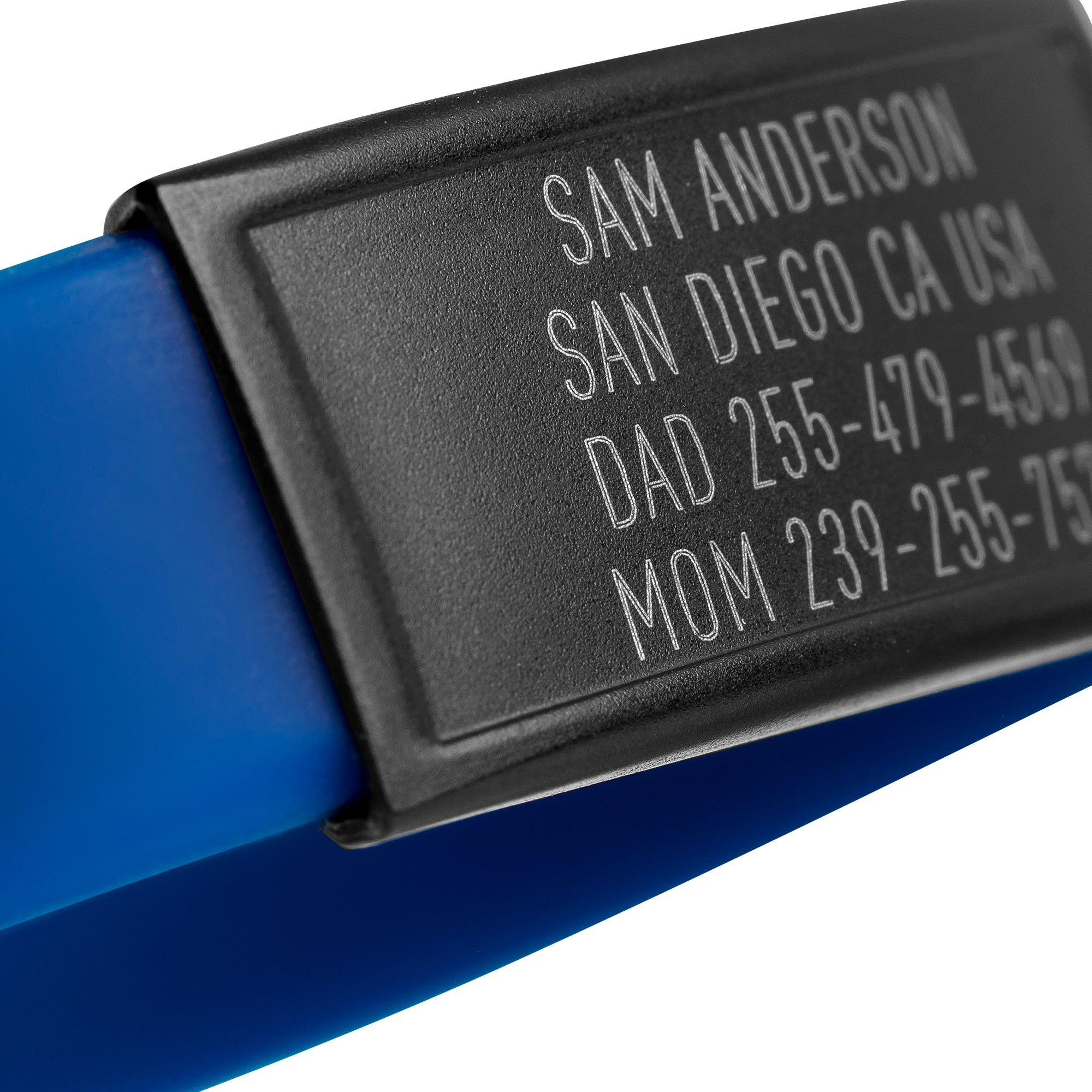 Close-up of Blue silicone with Black ID tag Sprint wristband by BRECK iD