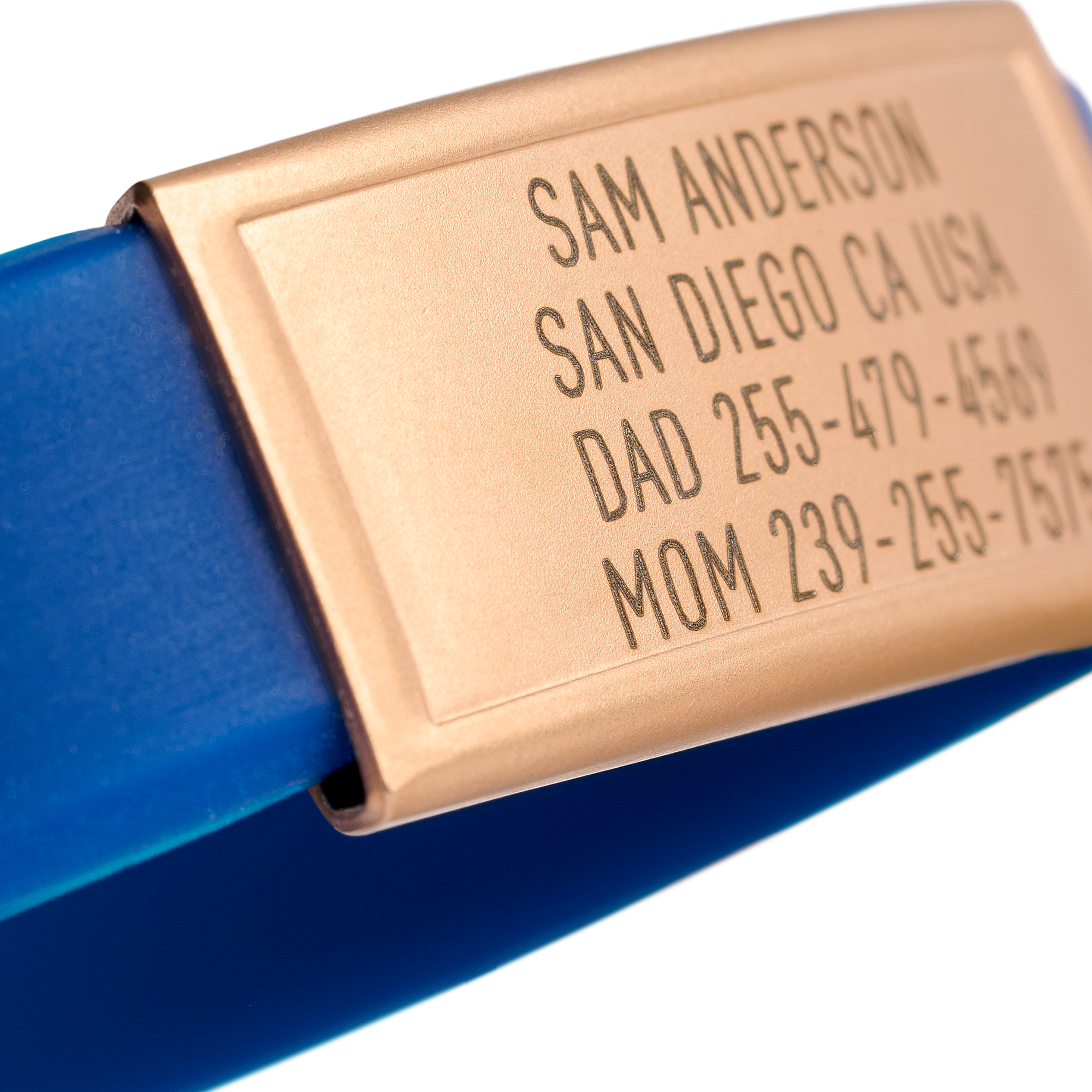 Close-up of Blue silicone with Gold ID tag Sprint wristband by BRECK iD
