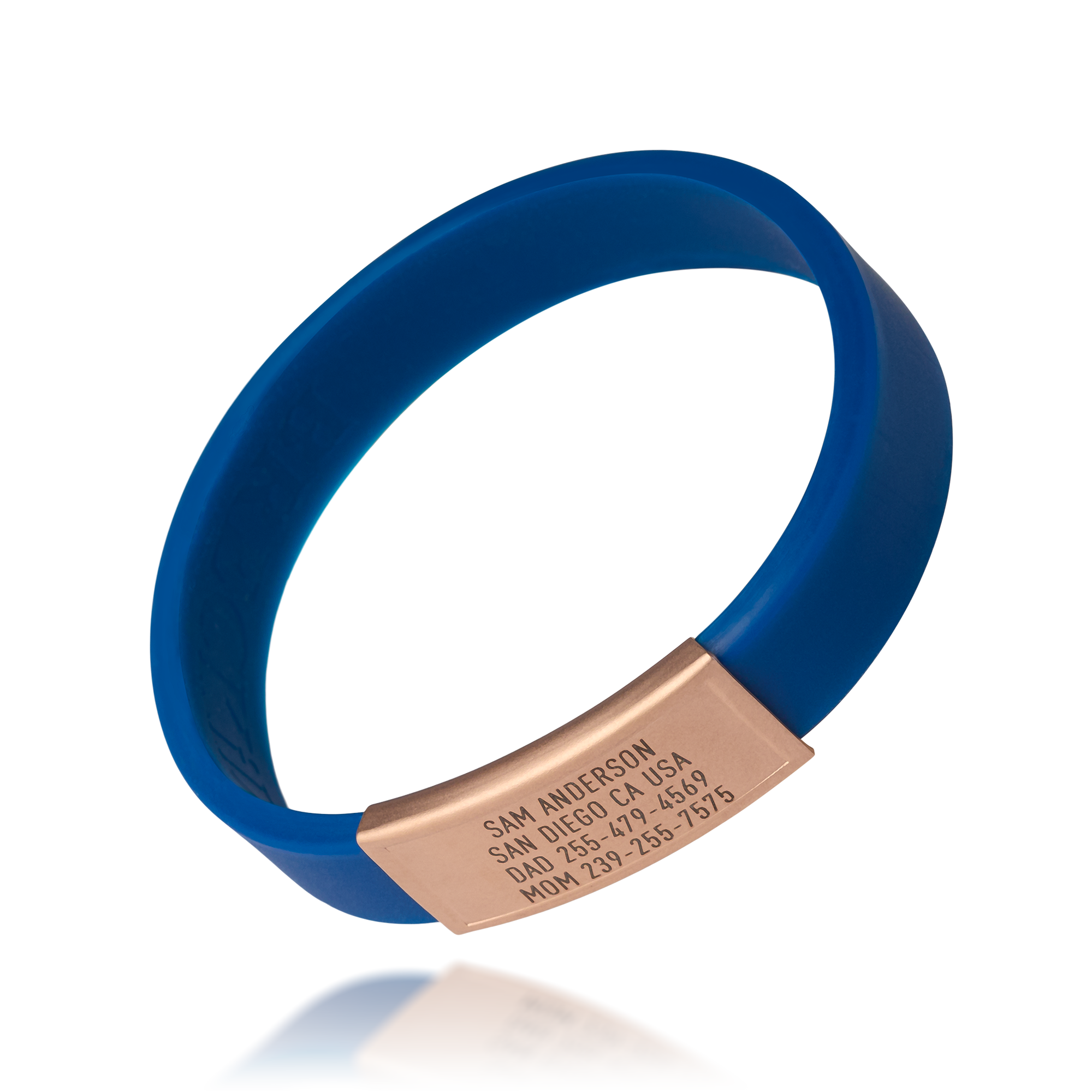Close-up of Blue silicone with Gold ID tag Sprint wristband