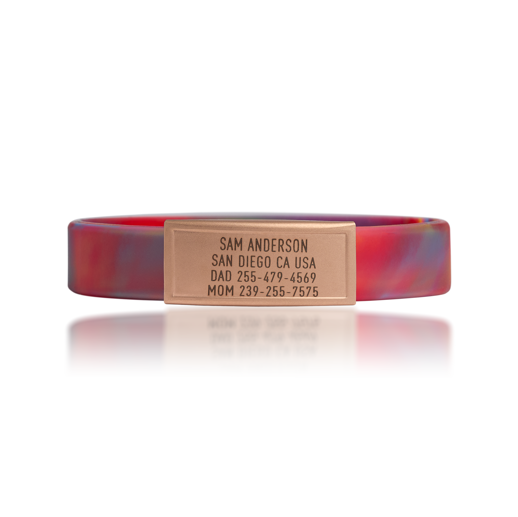 Red, Blue and Yellow silicone with Gold ID tag Sprint wristband by BRECK iD