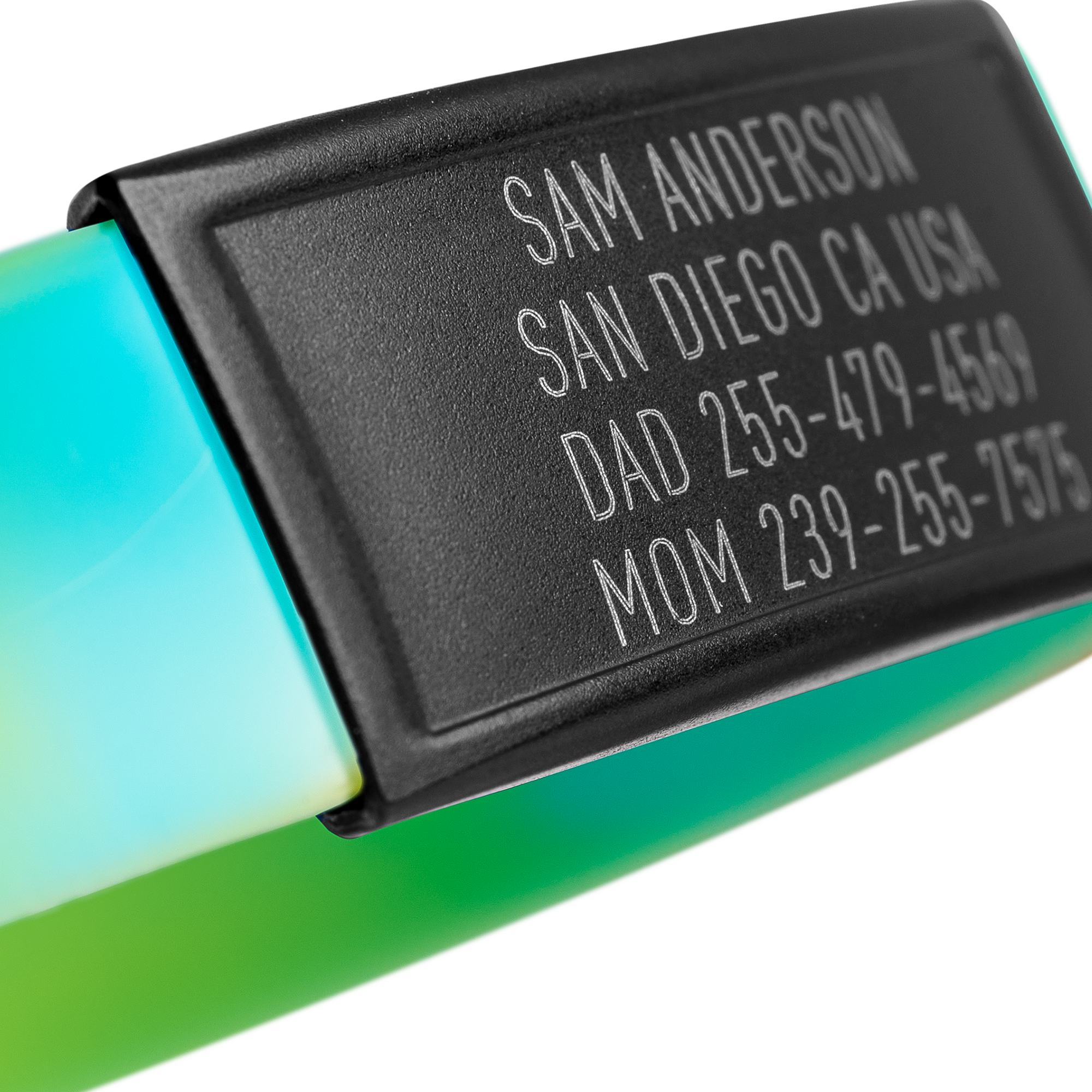 Close-up of Blue, Green and Yellow silicone with Black ID tag Sprint wristband by BRECK iD