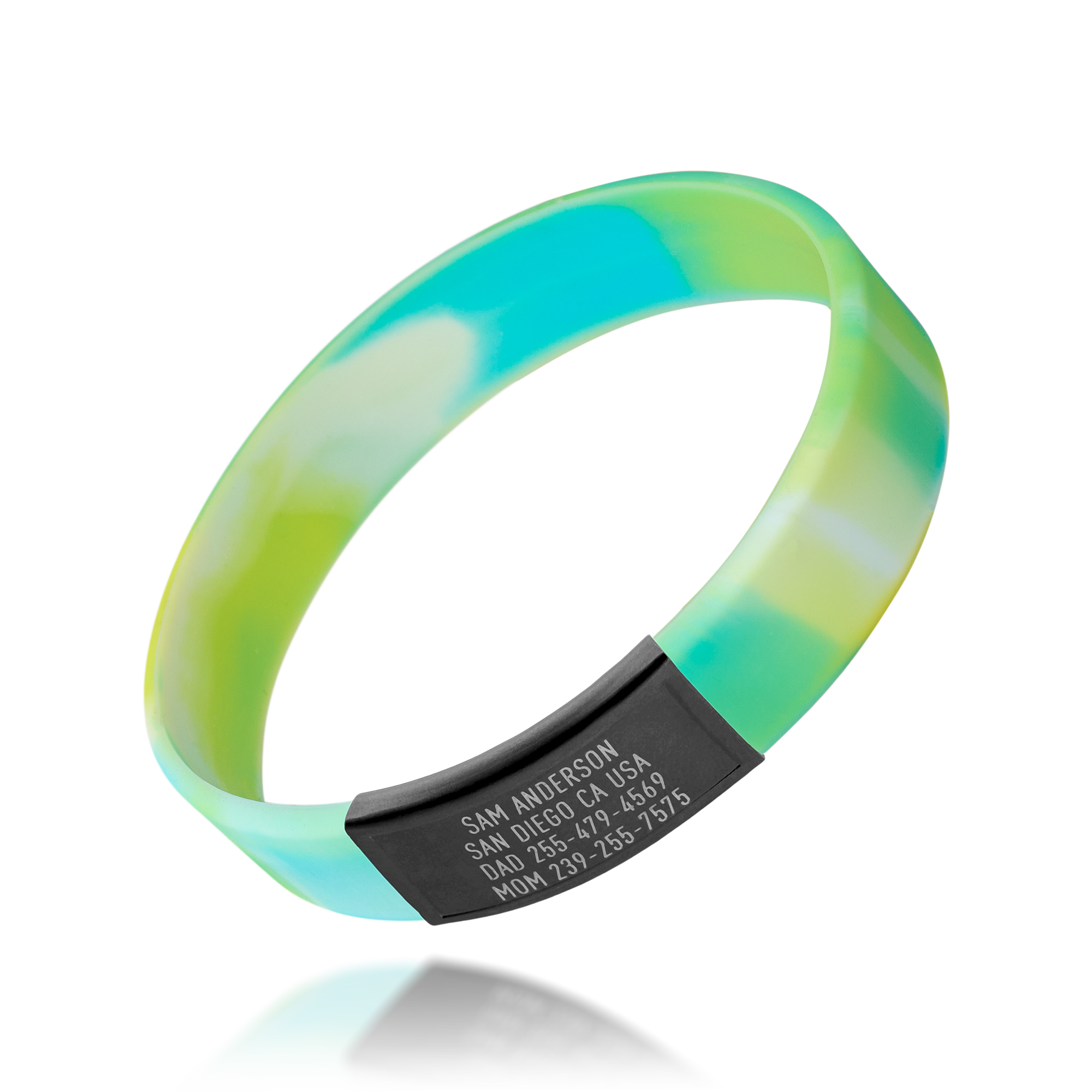 Blue, Green and Yellow silicone with Black ID tag Sprint wristband